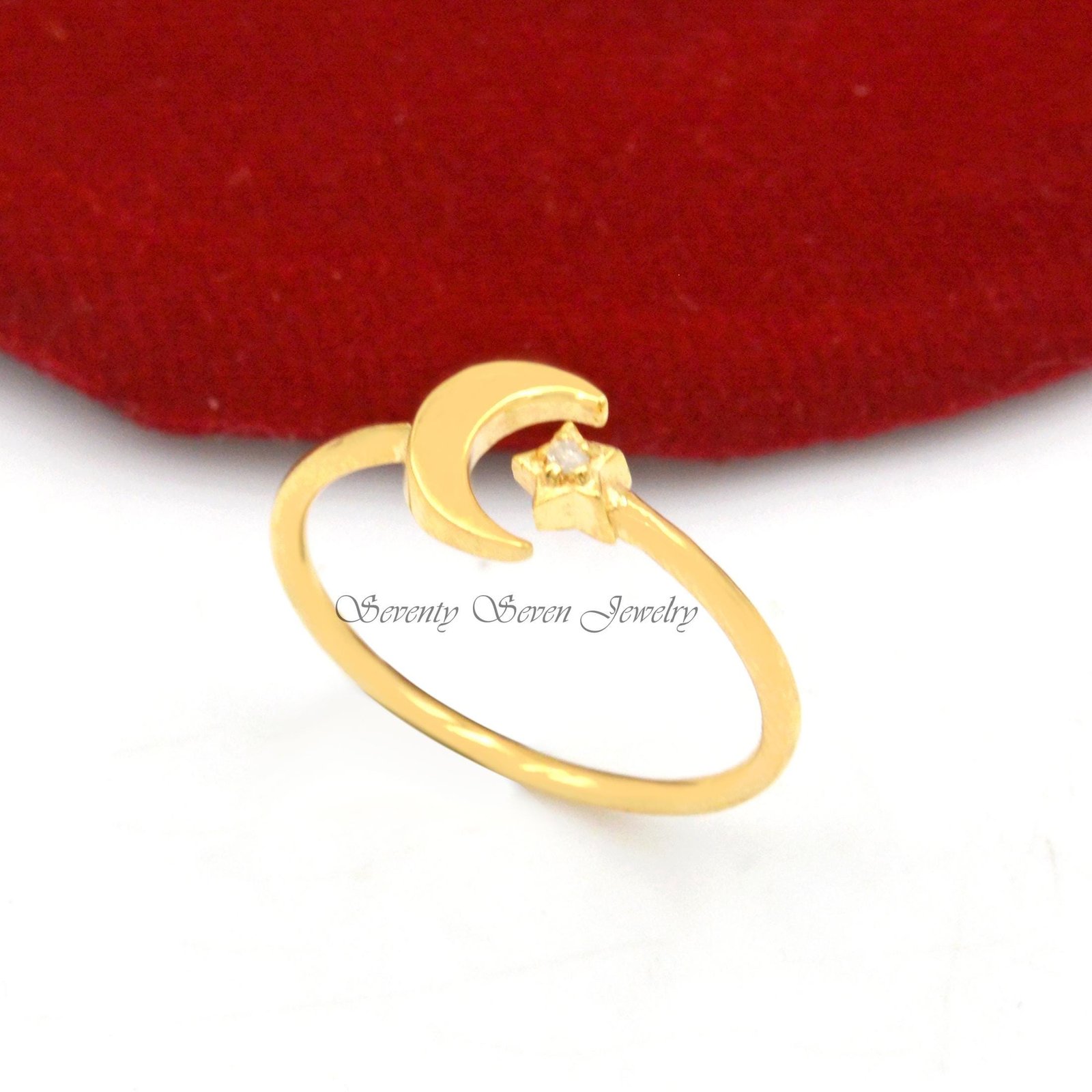 Sterling Silver Moissanite Moon and Star Ring - Adjustable Open Band - View 5 - Seventy Seven Jewelry | SKU: SSMJR628-SL-2026 Sterling Silver Moissanite Moon and Star Ring - Adjustable Open Band - View 5 - Seventy Seven Jewelry | SKU: SSMJR628-SL-2026