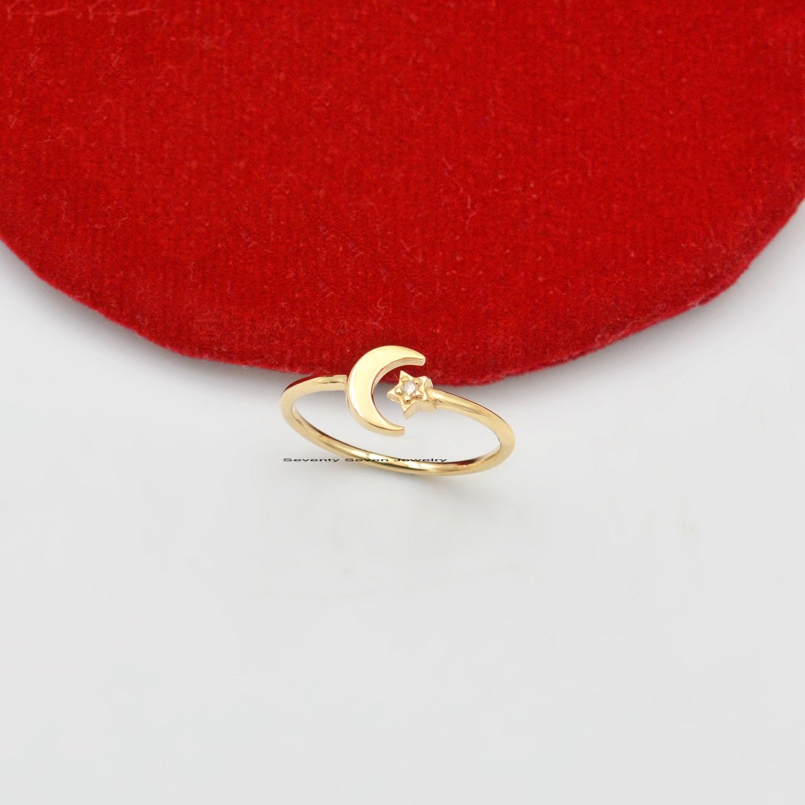 Sterling Silver Moissanite Moon and Star Ring - Adjustable Open Band - View 6 - Seventy Seven Jewelry | SKU: SSMJR628-SL-2026 Sterling Silver Moissanite Moon and Star Ring - Adjustable Open Band - View 6 - Seventy Seven Jewelry | SKU: SSMJR628-SL-2026