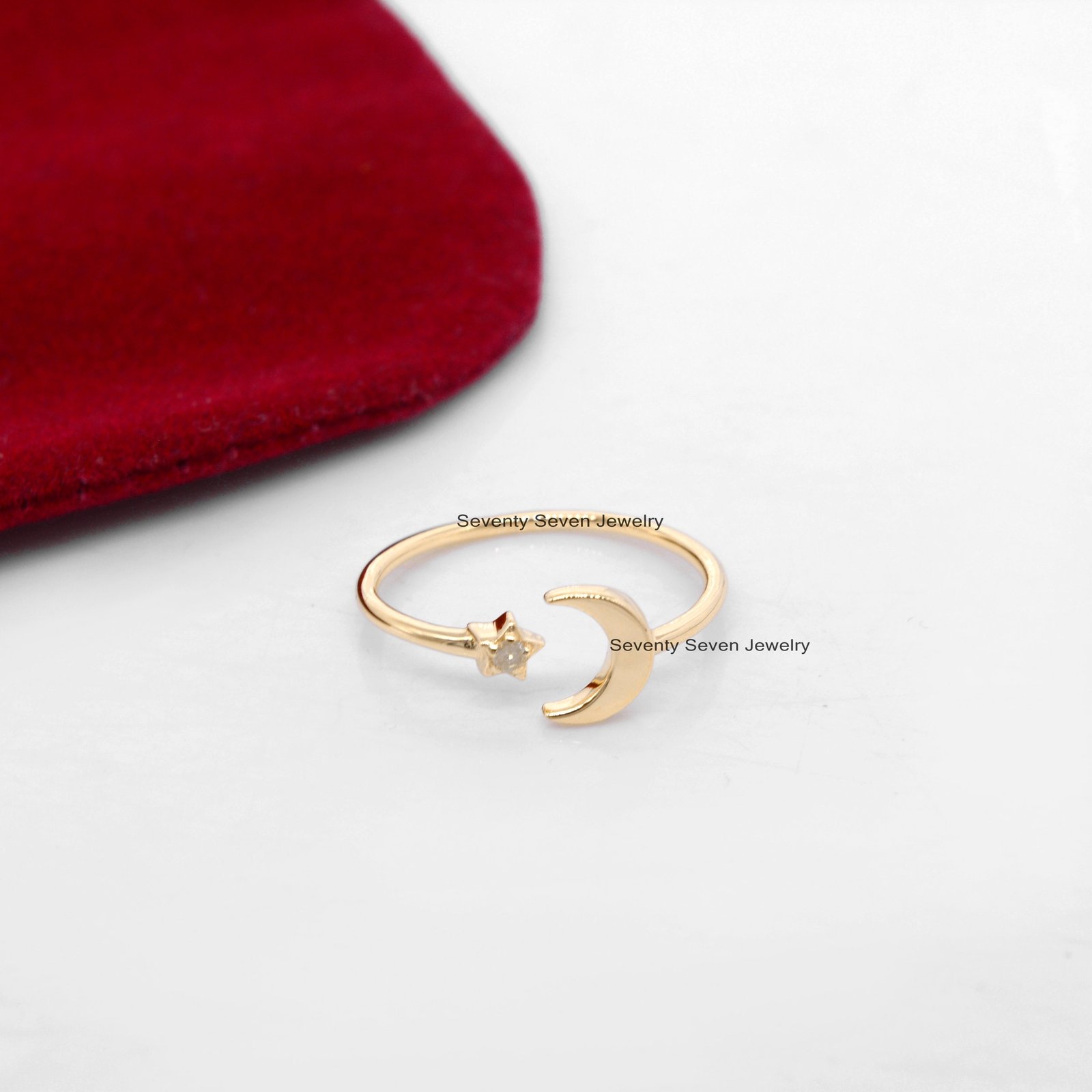 Sterling Silver Moissanite Moon and Star Ring - Adjustable Open Band - View 7 - Seventy Seven Jewelry | SKU: SSMJR628-SL-2026 Sterling Silver Moissanite Moon and Star Ring - Adjustable Open Band - View 7 - Seventy Seven Jewelry | SKU: SSMJR628-SL-2026