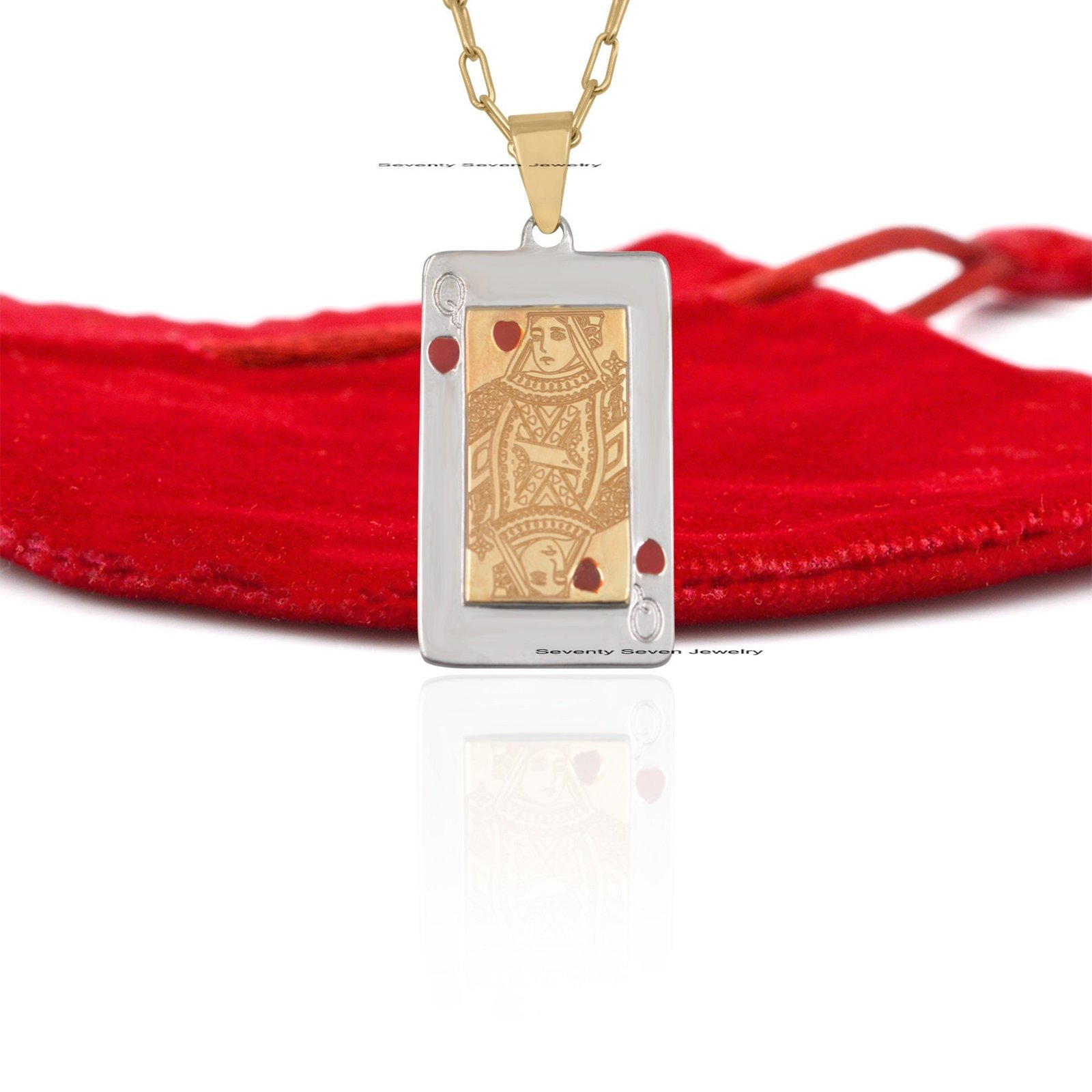 Sterling Silver Queen of Hearts Playing Card Pendant - Enamel Detail - Seventy Seven Jewelry | SKU: SSMJP583-SLYGWGELBK-2026 Sterling Silver Queen of Hearts Playing Card Pendant - Enamel Detail - Seventy Seven Jewelry | SKU: SSMJP583-SLYGWGELBK-2026