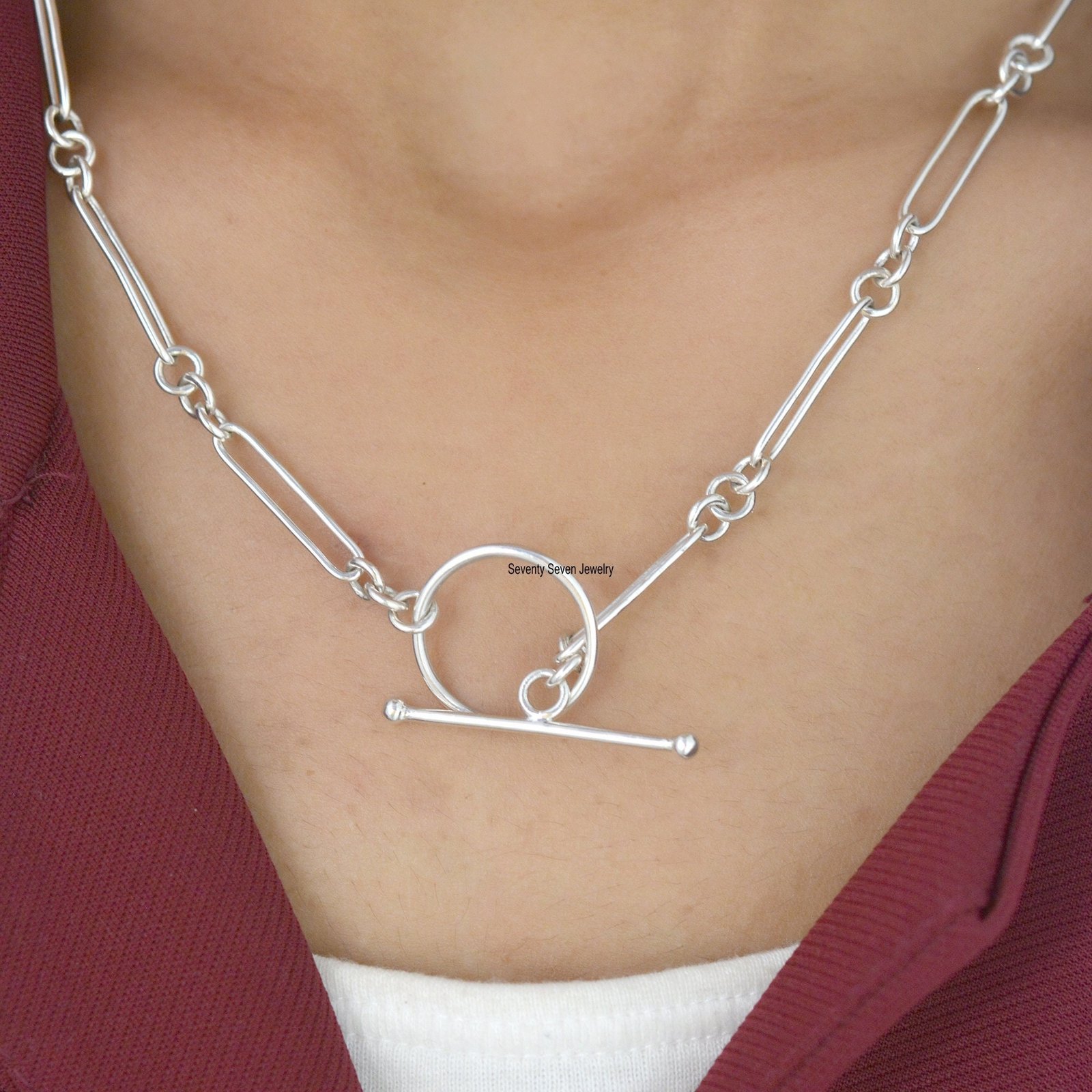 Sterling Silver Trombone Link Albert Chain - Adjustable Paperclip Necklace - View 2 - Seventy Seven Jewelry | SKU: SSG14-SLYG Sterling Silver Trombone Link Albert Chain - Adjustable Paperclip Necklace - View 2 - Seventy Seven Jewelry | SKU: SSG14-SLYG
