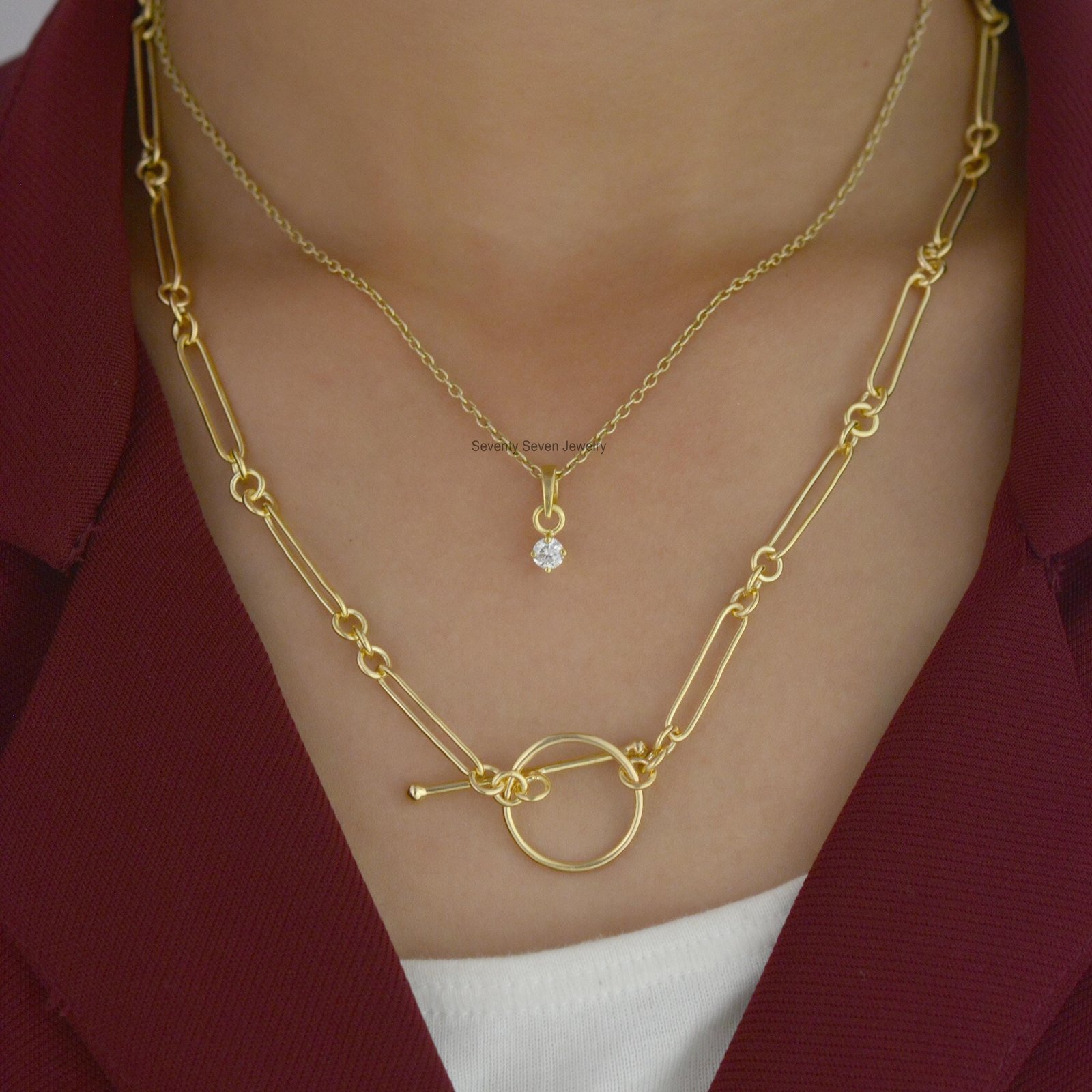 Sterling Silver Trombone Link Albert Chain - Adjustable Paperclip Necklace - View 3 - Seventy Seven Jewelry | SKU: SSG14-SLYG Sterling Silver Trombone Link Albert Chain - Adjustable Paperclip Necklace - View 3 - Seventy Seven Jewelry | SKU: SSG14-SLYG