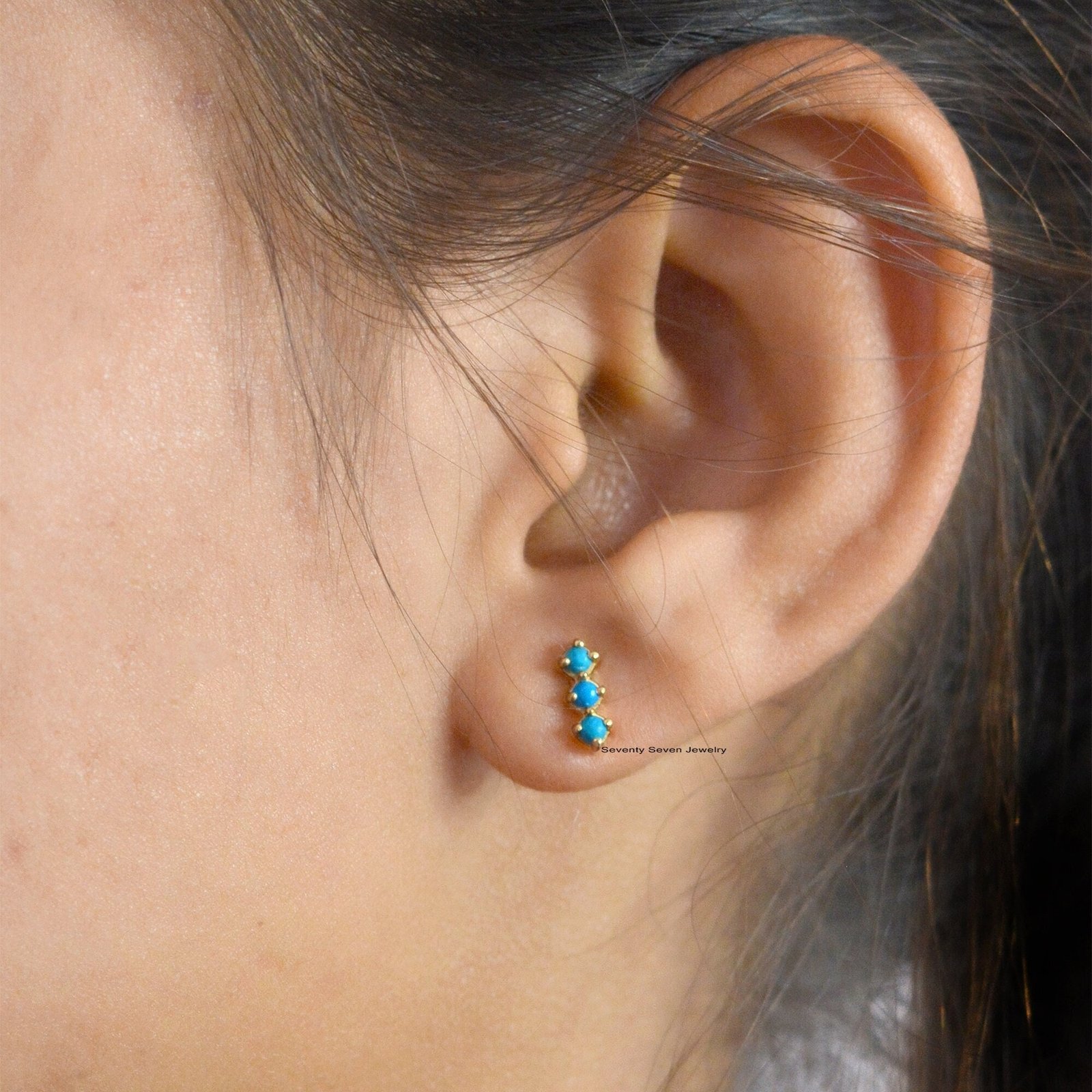 Sterling Silver Turquoise Bar Studs: Lab Diamond Earrings (7mm) - Seventy Seven Jewelry | SKU: SSMJE947-SLYGTQ-7M-2026 Sterling Silver Turquoise Bar Studs: Lab Diamond Earrings (7mm) - Seventy Seven Jewelry | SKU: SSMJE947-SLYGTQ-7M-2026