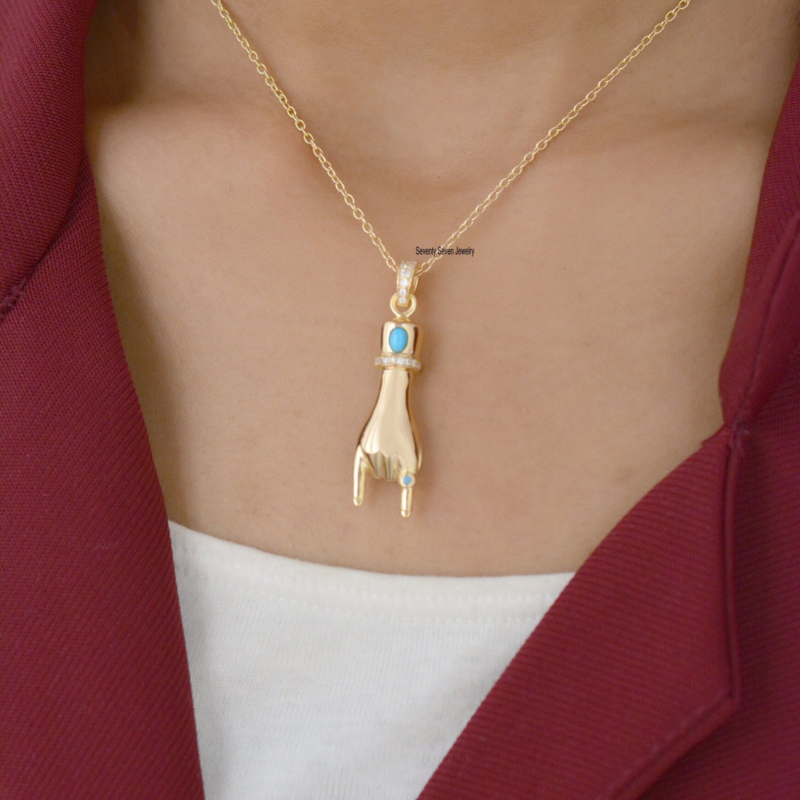 Sterling Silver Turquoise Figa Pendant: Mano Fico Charm - Seventy Seven Jewelry | SKU: SSMJP17-SLYGDIBS-2026 Sterling Silver Turquoise Figa Pendant: Mano Fico Charm - Seventy Seven Jewelry | SKU: SSMJP17-SLYGDIBS-2026