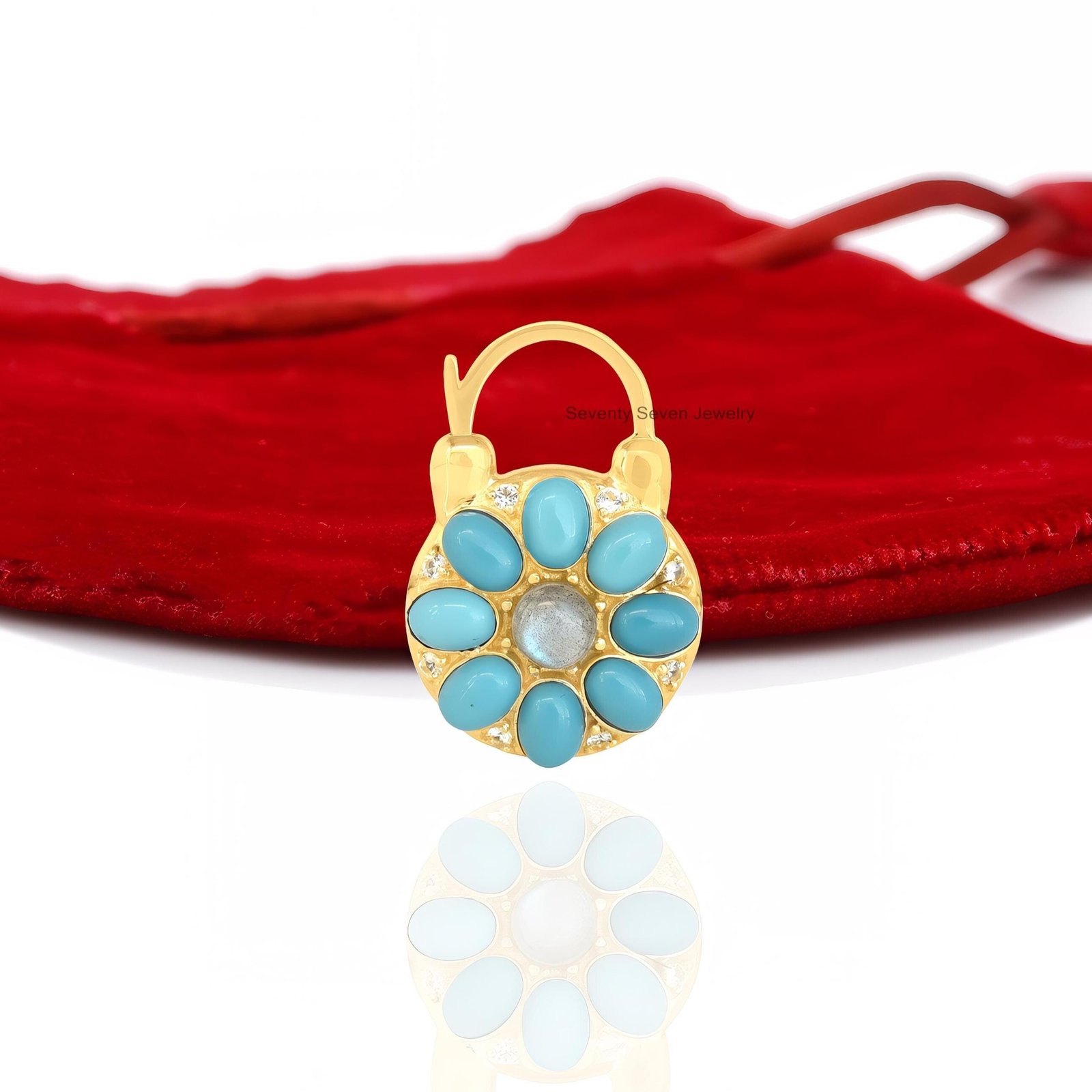 Turquoise Flower Padlock: 14K Gold Vermeil, 925 Silver Connector - Seventy Seven Jewelry | SKU: SSMJP505-SLYGTQLBWT-N47-16I,S Turquoise Flower Padlock: 14K Gold Vermeil, 925 Silver Connector - Seventy Seven Jewelry | SKU: SSMJP505-SLYGTQLBWT-N47-16I,S