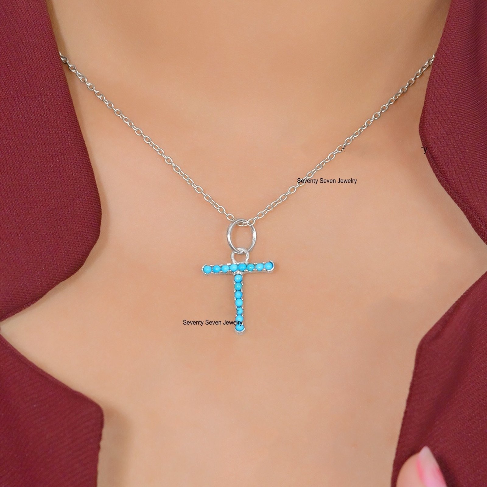 Turquoise Initial Pendant: 925 Silver Gemstone Letter Charm - Seventy Seven Jewelry | SKU: SSMJP87-SLNSTQ-N-2026 Turquoise Initial Pendant: 925 Silver Gemstone Letter Charm - Seventy Seven Jewelry | SKU: SSMJP87-SLNSTQ-N-2026