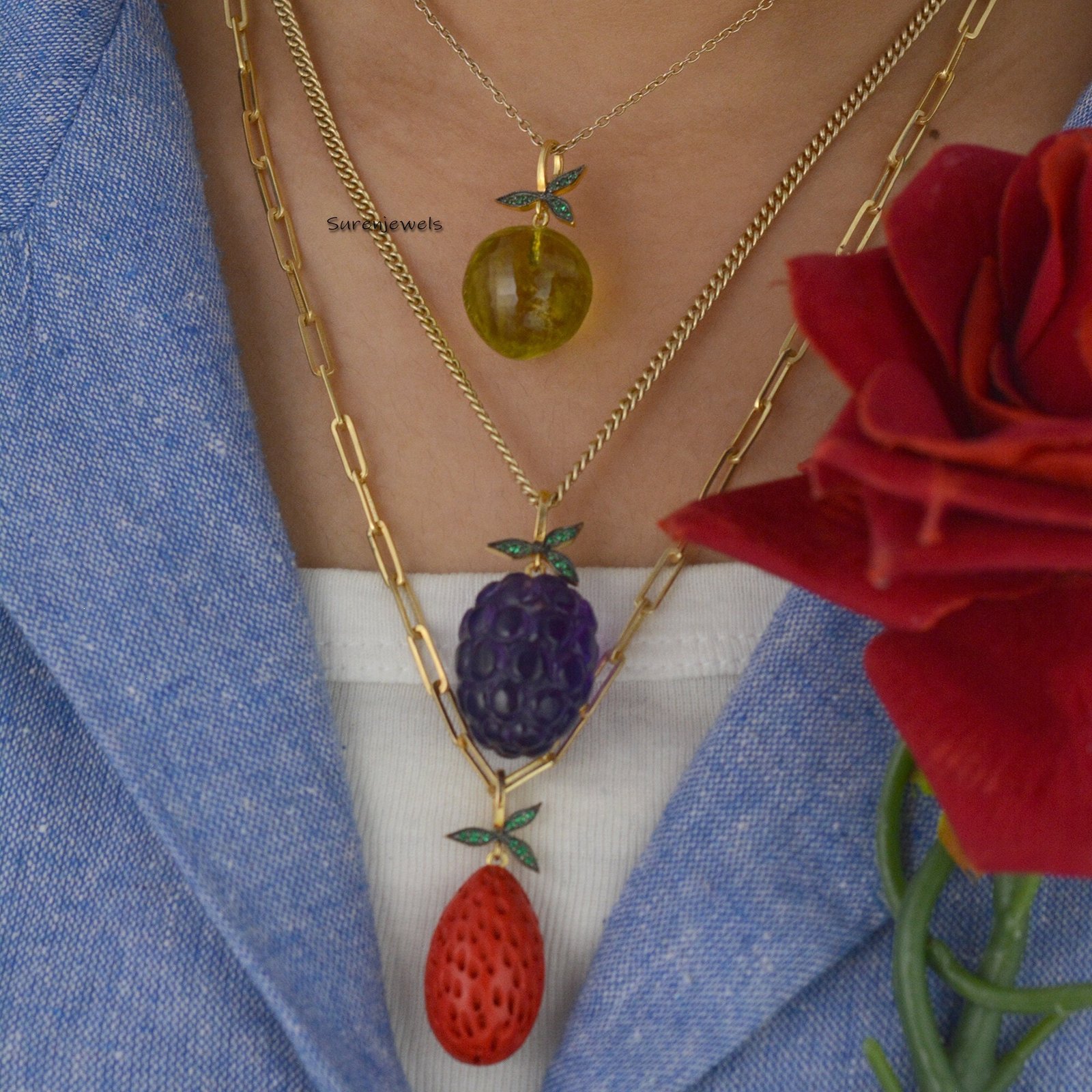14k Gold Amethyst Grape Pendant: Designer Fruit Jewelry - View 3 - Suren Jewels | SKU: SJP1542 14k Gold Amethyst Grape Pendant: Designer Fruit Jewelry - View 3 - Suren Jewels | SKU: SJP1542