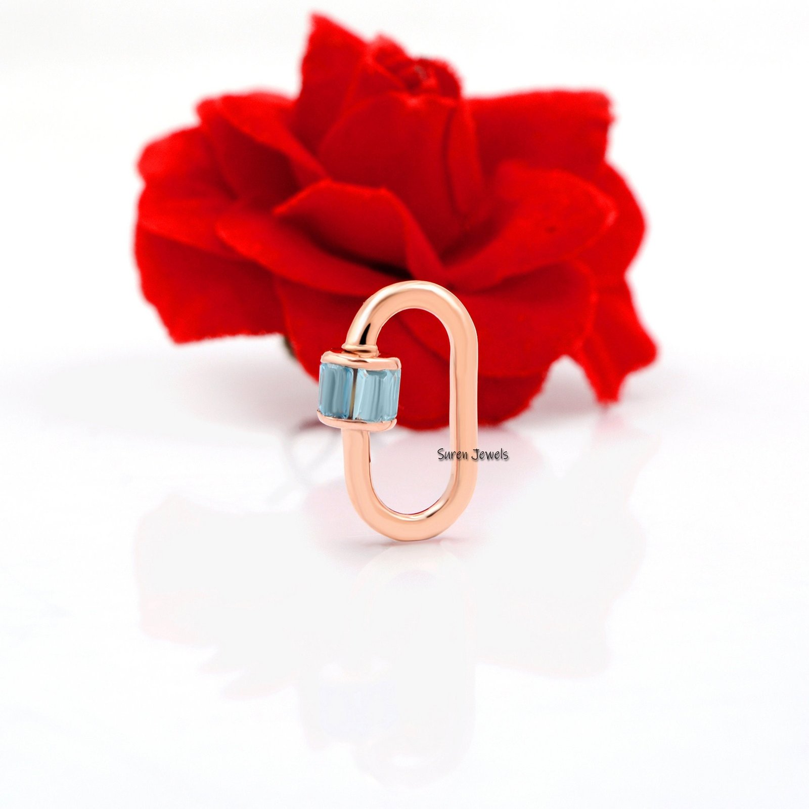 14K Gold Baguette Carabiner Lock: Pink CZ Accent - Suren Jewels | SKU: SJC22-14KYGBTTCZP-16M 14K Gold Baguette Carabiner Lock: Pink CZ Accent - Suren Jewels | SKU: SJC22-14KYGBTTCZP-16M