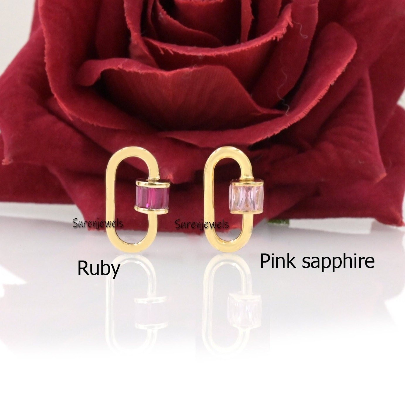 14K Gold Baguette Carabiner Lock: Pink CZ Accent - View 2 - Suren Jewels | SKU: SJC22-14KYGBTTCZP-16M 14K Gold Baguette Carabiner Lock: Pink CZ Accent - View 2 - Suren Jewels | SKU: SJC22-14KYGBTTCZP-16M