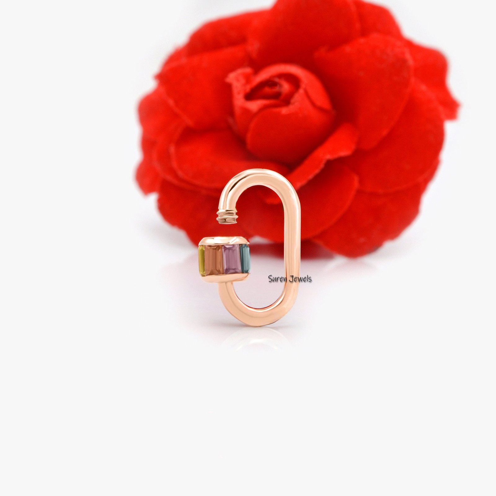 14K Gold Baguette Carabiner Lock: Pink CZ Accent - View 5 - Suren Jewels | SKU: SJC22-14KYGBTTCZP-16M 14K Gold Baguette Carabiner Lock: Pink CZ Accent - View 5 - Suren Jewels | SKU: SJC22-14KYGBTTCZP-16M