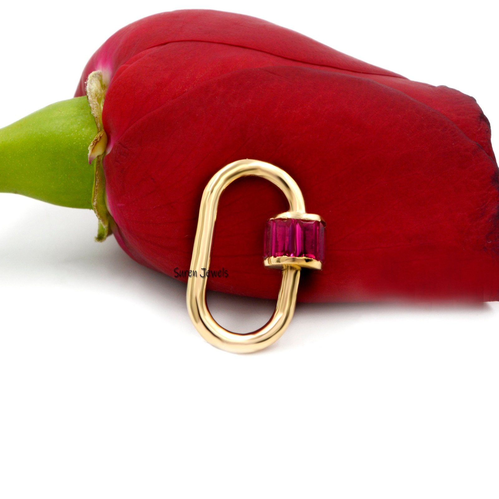 14K Gold Baguette Carabiner Lock: Pink CZ Accent - View 6 - Suren Jewels | SKU: SJC22-14KYGBTTCZP-16M 14K Gold Baguette Carabiner Lock: Pink CZ Accent - View 6 - Suren Jewels | SKU: SJC22-14KYGBTTCZP-16M