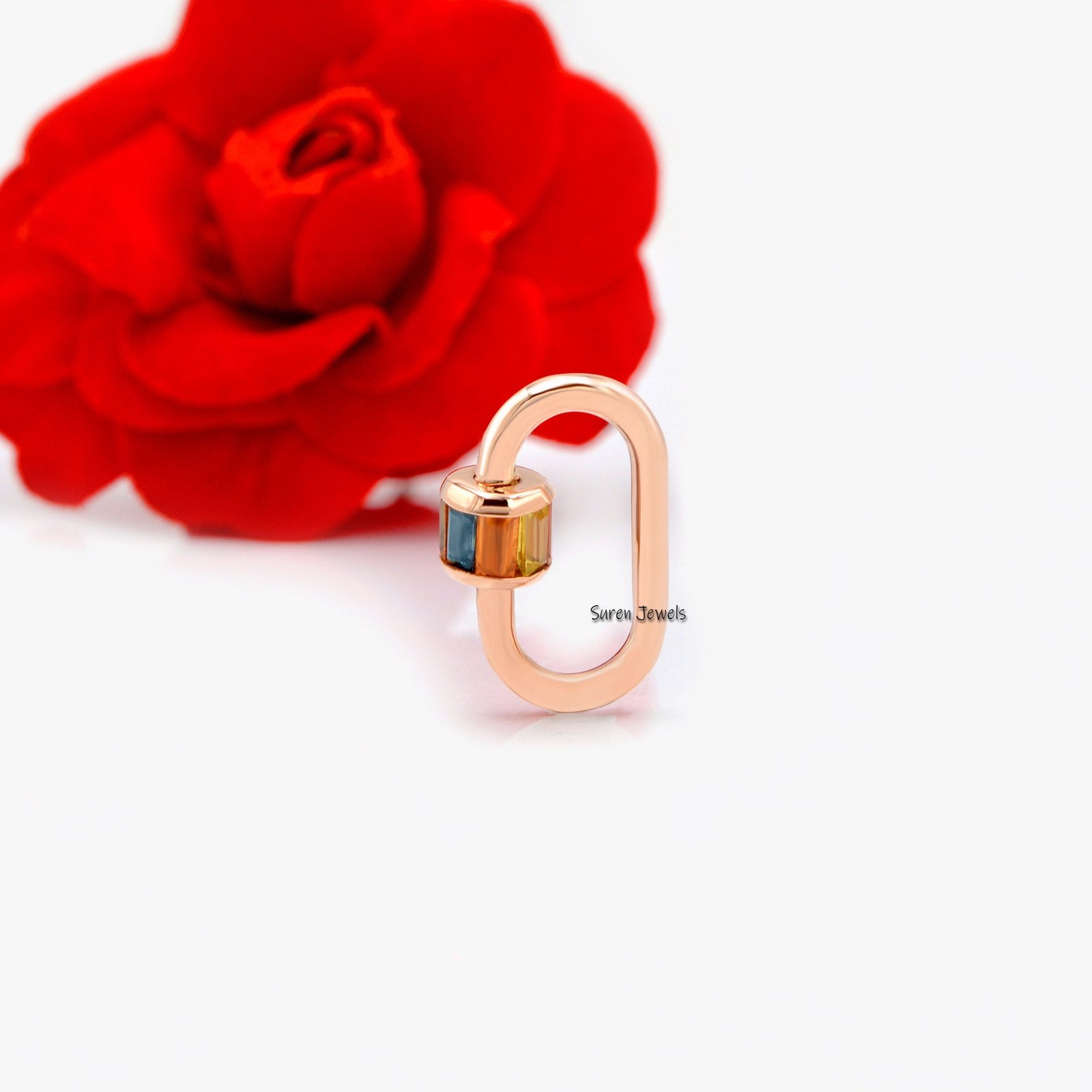 14K Gold Baguette Carabiner Lock: Pink CZ Accent - View 7 - Suren Jewels | SKU: SJC22-14KYGBTTCZP-16M 14K Gold Baguette Carabiner Lock: Pink CZ Accent - View 7 - Suren Jewels | SKU: SJC22-14KYGBTTCZP-16M