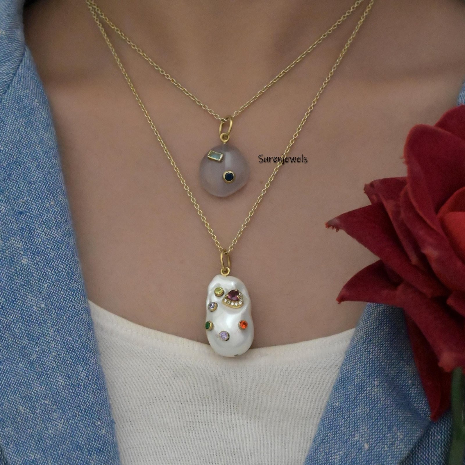 14K Gold Baroque Pearl Pendant: Multi Gemstone Charm, Freshwater Pearl - View 5 - Suren Jewels | SKU: SJP3294-SLYGPLMG-25M 14K Gold Baroque Pearl Pendant: Multi Gemstone Charm, Freshwater Pearl - View 5 - Suren Jewels | SKU: SJP3294-SLYGPLMG-25M