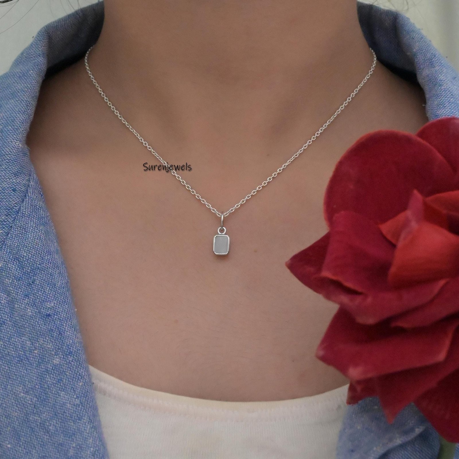 14K Gold Bezel Moonstone Pendant: Emerald Cut Charm - View 3 - Suren Jewels | SKU: SJP3480-SLYGMK-12M 14K Gold Bezel Moonstone Pendant: Emerald Cut Charm - View 3 - Suren Jewels | SKU: SJP3480-SLYGMK-12M