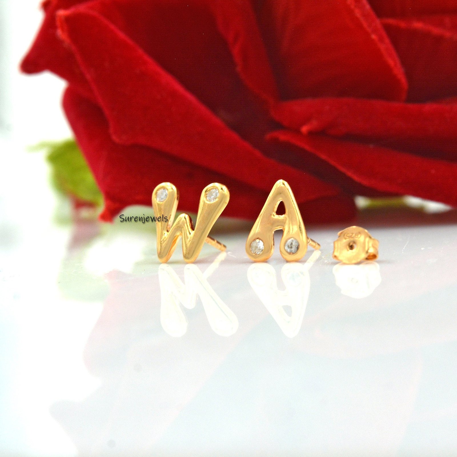 14k Gold Bubble Initial Stud Earrings with White Topaz - Suren Jewels | SKU: SJE944-SLYGWT-C 14k Gold Bubble Initial Stud Earrings with White Topaz - Suren Jewels | SKU: SJE944-SLYGWT-C