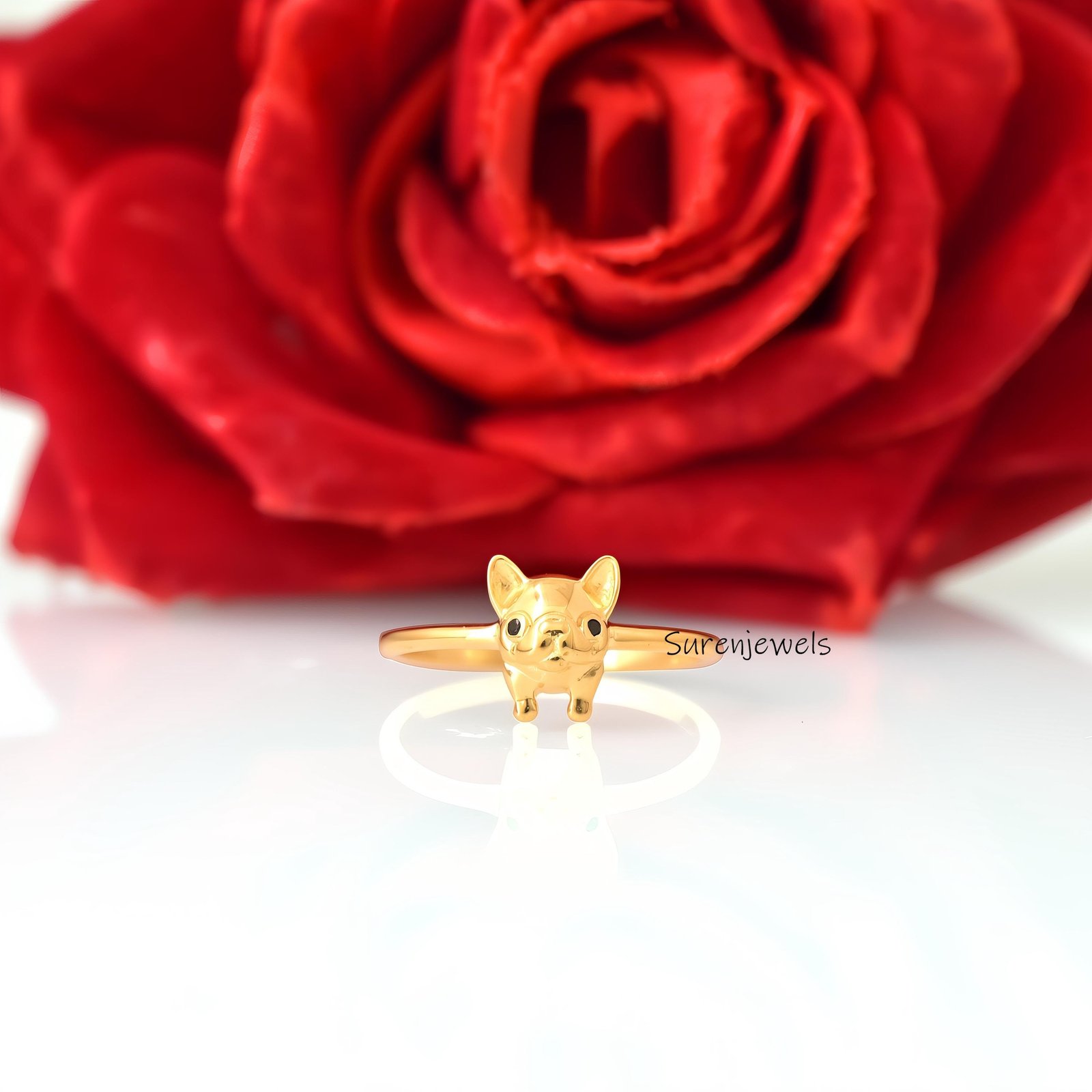 14k Gold Bulldog Ring: Delicate Animal Jewelry - View 3 - Suren Jewels | SKU: SJR,SJR3109-SLYGBKCZ-US-8 14k Gold Bulldog Ring: Delicate Animal Jewelry - View 3 - Suren Jewels | SKU: SJR,SJR3109-SLYGBKCZ-US-8