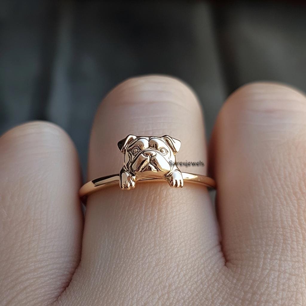 14k Gold Bulldog Ring: Delicate Animal Jewelry - View 4 - Suren Jewels | SKU: SJR,SJR3109-SLYGBKCZ-US-8 14k Gold Bulldog Ring: Delicate Animal Jewelry - View 4 - Suren Jewels | SKU: SJR,SJR3109-SLYGBKCZ-US-8