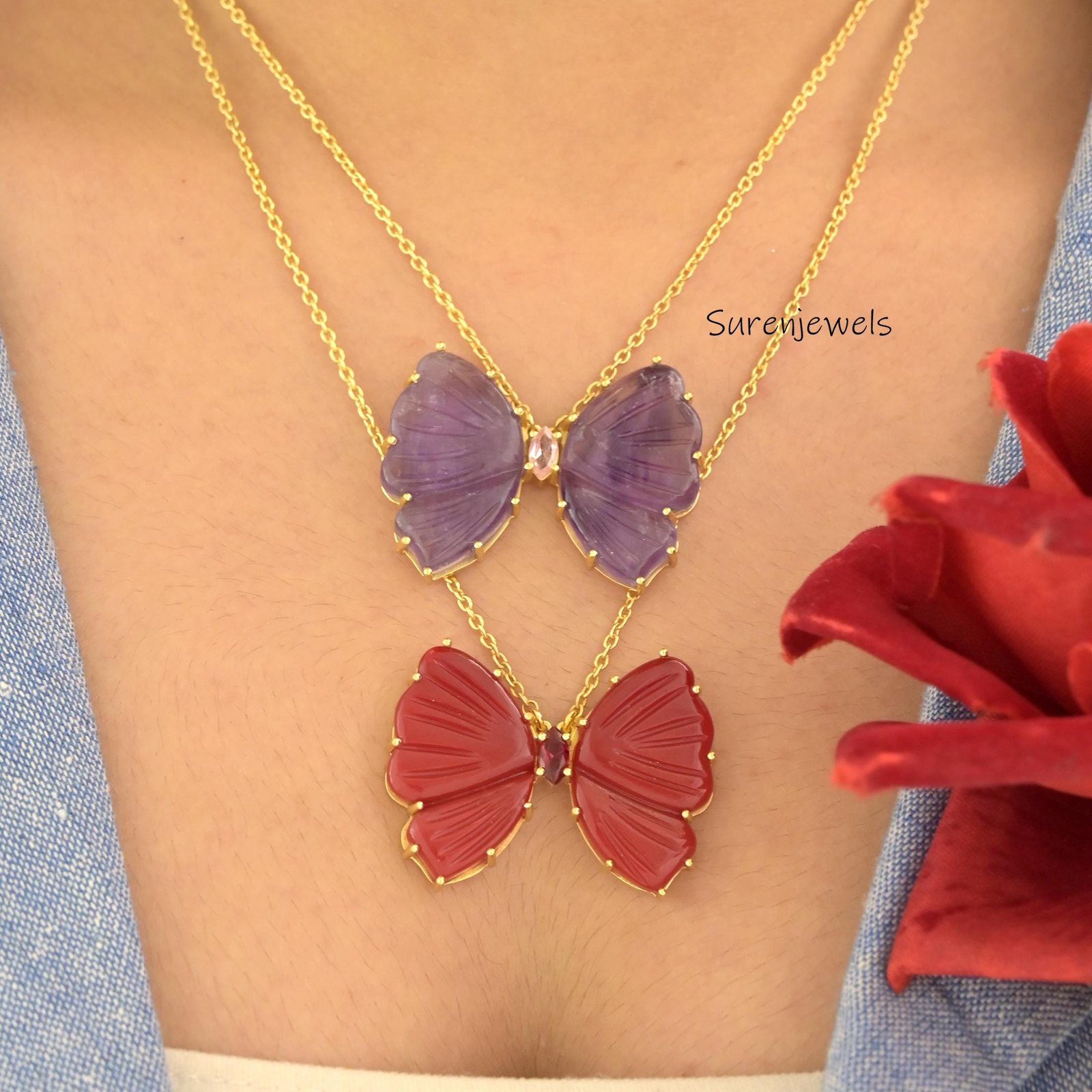 14K Gold Butterfly Charm Necklace: Handmade Carved Gemstone Pendant - Suren Jewels | SKU: SJN1949 14K Gold Butterfly Charm Necklace: Handmade Carved Gemstone Pendant - Suren Jewels | SKU: SJN1949