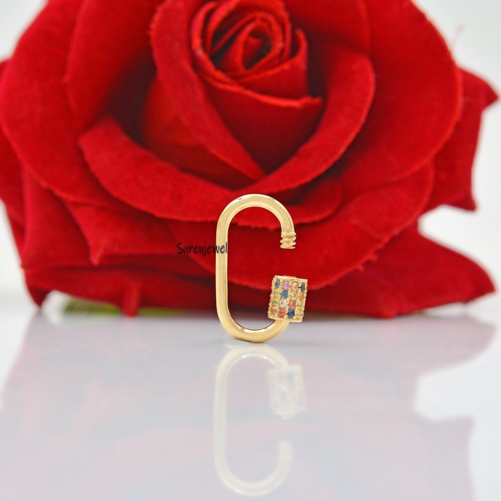 14k Gold Carabiner Lock with Multi Sapphire Accent - View 3 - Suren Jewels | SKU: SJC132-14KYGMT 14k Gold Carabiner Lock with Multi Sapphire Accent - View 3 - Suren Jewels | SKU: SJC132-14KYGMT