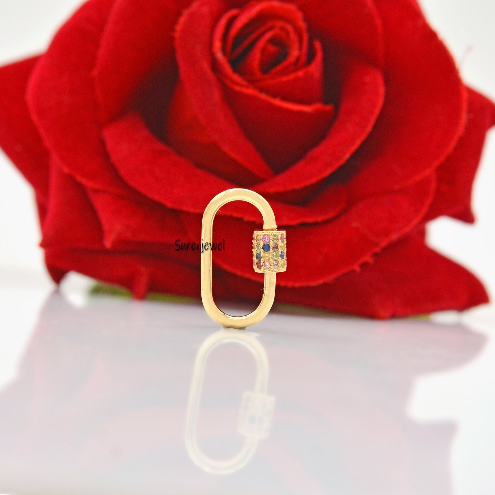 14k Gold Carabiner Lock with Multi Sapphire Accent - View 4 - Suren Jewels | SKU: SJC132-14KYGMT 14k Gold Carabiner Lock with Multi Sapphire Accent - View 4 - Suren Jewels | SKU: SJC132-14KYGMT
