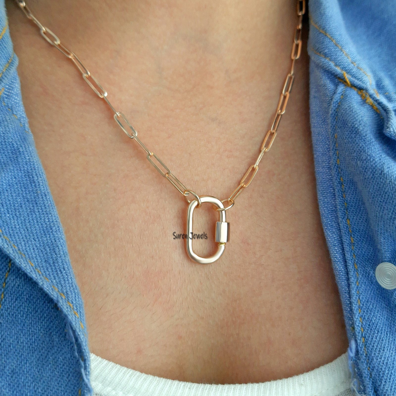 14K Gold Carabiner Necklace: Elongated Paperclip Chain - Suren Jewels | SKU: SJC130-14KYG-18M-N47-18I 14K Gold Carabiner Necklace: Elongated Paperclip Chain - Suren Jewels | SKU: SJC130-14KYG-18M-N47-18I