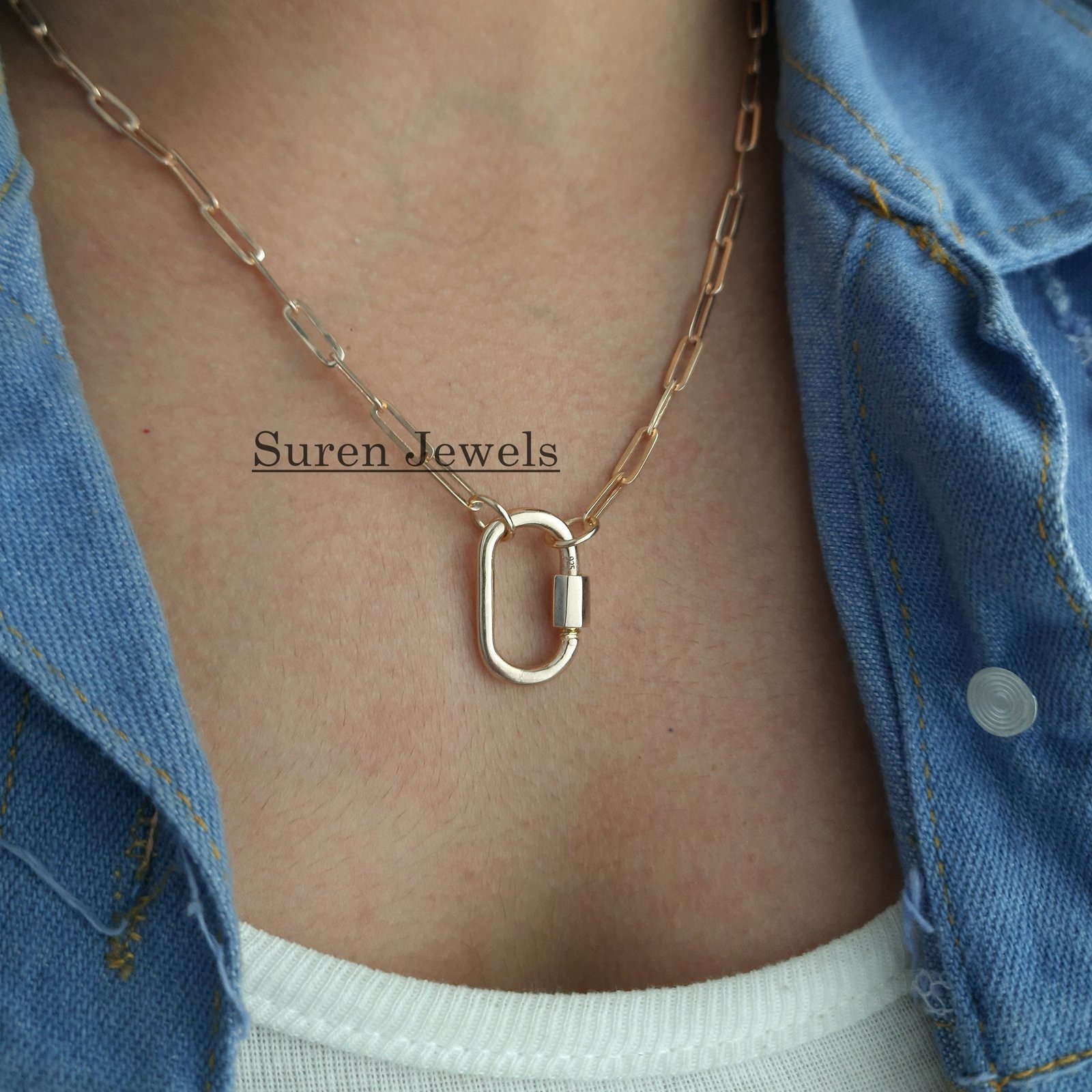14K Gold Carabiner Necklace: Elongated Paperclip Chain - View 3 - Suren Jewels | SKU: SJC130-14KYG-18M-N47-18I 14K Gold Carabiner Necklace: Elongated Paperclip Chain - View 3 - Suren Jewels | SKU: SJC130-14KYG-18M-N47-18I