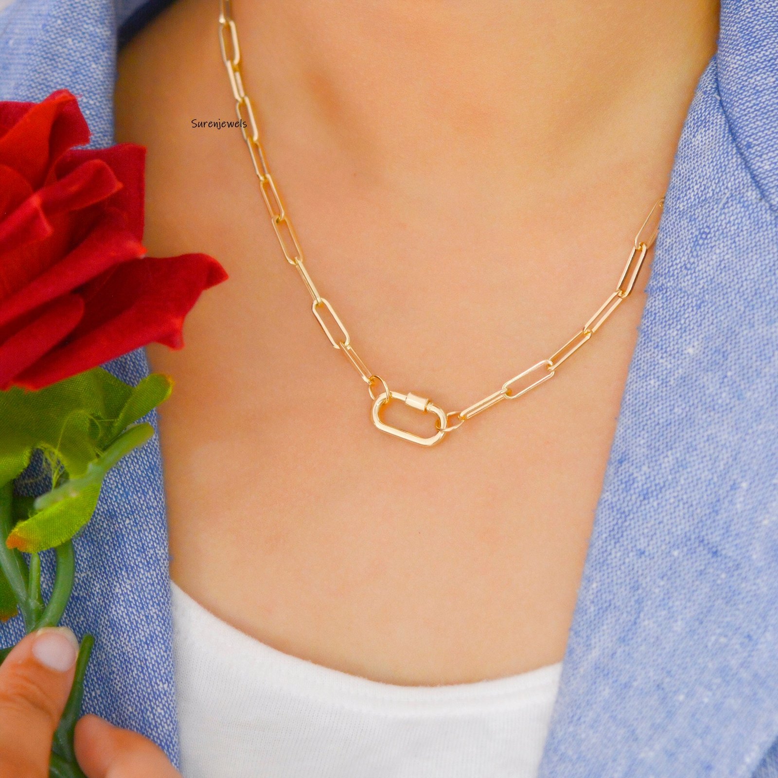 14K Gold Carabiner Necklace: Paperclip Chain Charm Holder - View 2 - Suren Jewels | SKU: SJC130-14KYG-18M-N210-18I 14K Gold Carabiner Necklace: Paperclip Chain Charm Holder - View 2 - Suren Jewels | SKU: SJC130-14KYG-18M-N210-18I