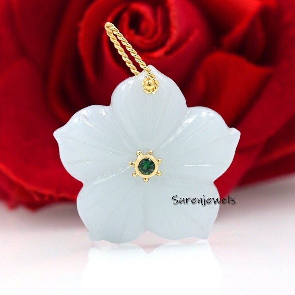 14K Gold Carved Flower Pendant: Pink Opal & Green CZ Charm - Suren Jewels | SKU: SJP1643 14K Gold Carved Flower Pendant: Pink Opal & Green CZ Charm - Suren Jewels | SKU: SJP1643