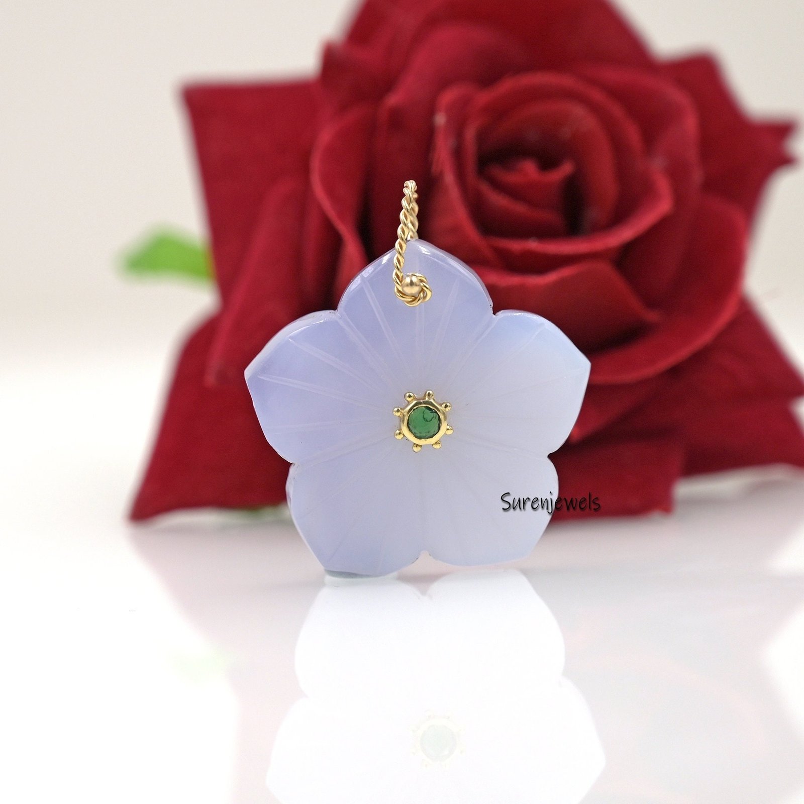 14K Gold Carved Flower Pendant: Pink Opal & Green CZ Charm - View 2 - Suren Jewels | SKU: SJP1643 14K Gold Carved Flower Pendant: Pink Opal & Green CZ Charm - View 2 - Suren Jewels | SKU: SJP1643