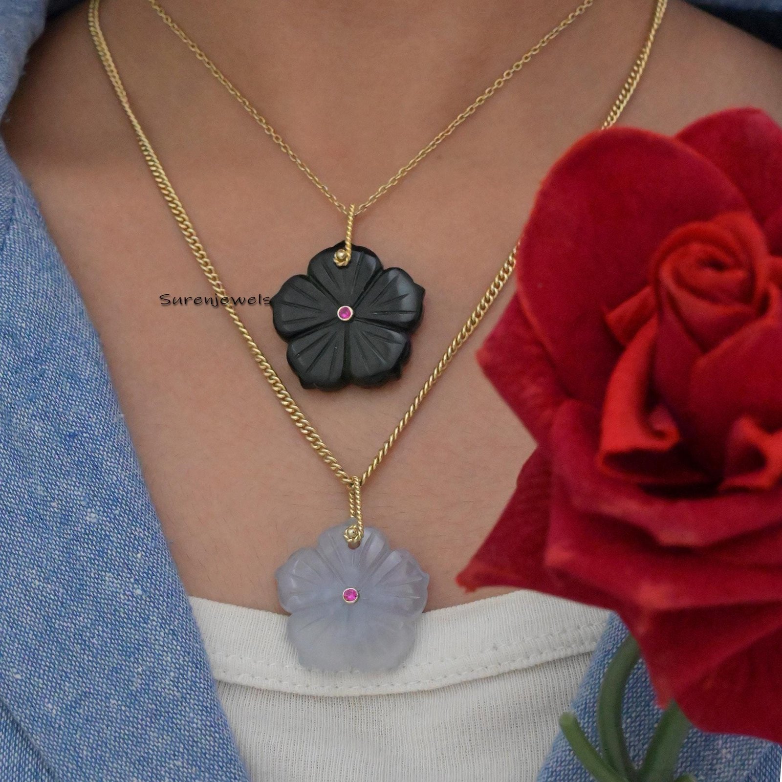 14K Gold Carved Flower Pendant: Pink Opal & Green CZ Charm - View 3 - Suren Jewels | SKU: SJP1643 14K Gold Carved Flower Pendant: Pink Opal & Green CZ Charm - View 3 - Suren Jewels | SKU: SJP1643