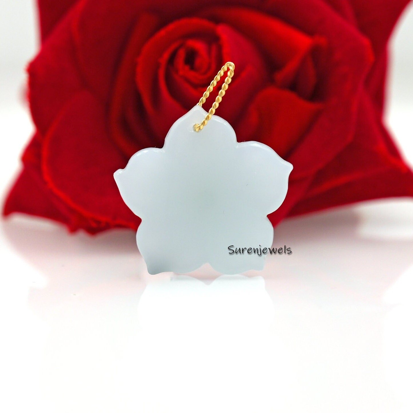 14K Gold Carved Flower Pendant: Pink Opal & Green CZ Charm - View 4 - Suren Jewels | SKU: SJP1643 14K Gold Carved Flower Pendant: Pink Opal & Green CZ Charm - View 4 - Suren Jewels | SKU: SJP1643