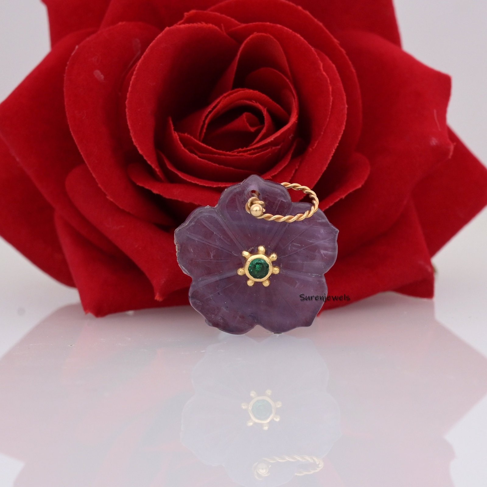 14K Gold Carved Flower Pendant: Pink Opal & Green CZ Charm - View 6 - Suren Jewels | SKU: SJP1643 14K Gold Carved Flower Pendant: Pink Opal & Green CZ Charm - View 6 - Suren Jewels | SKU: SJP1643