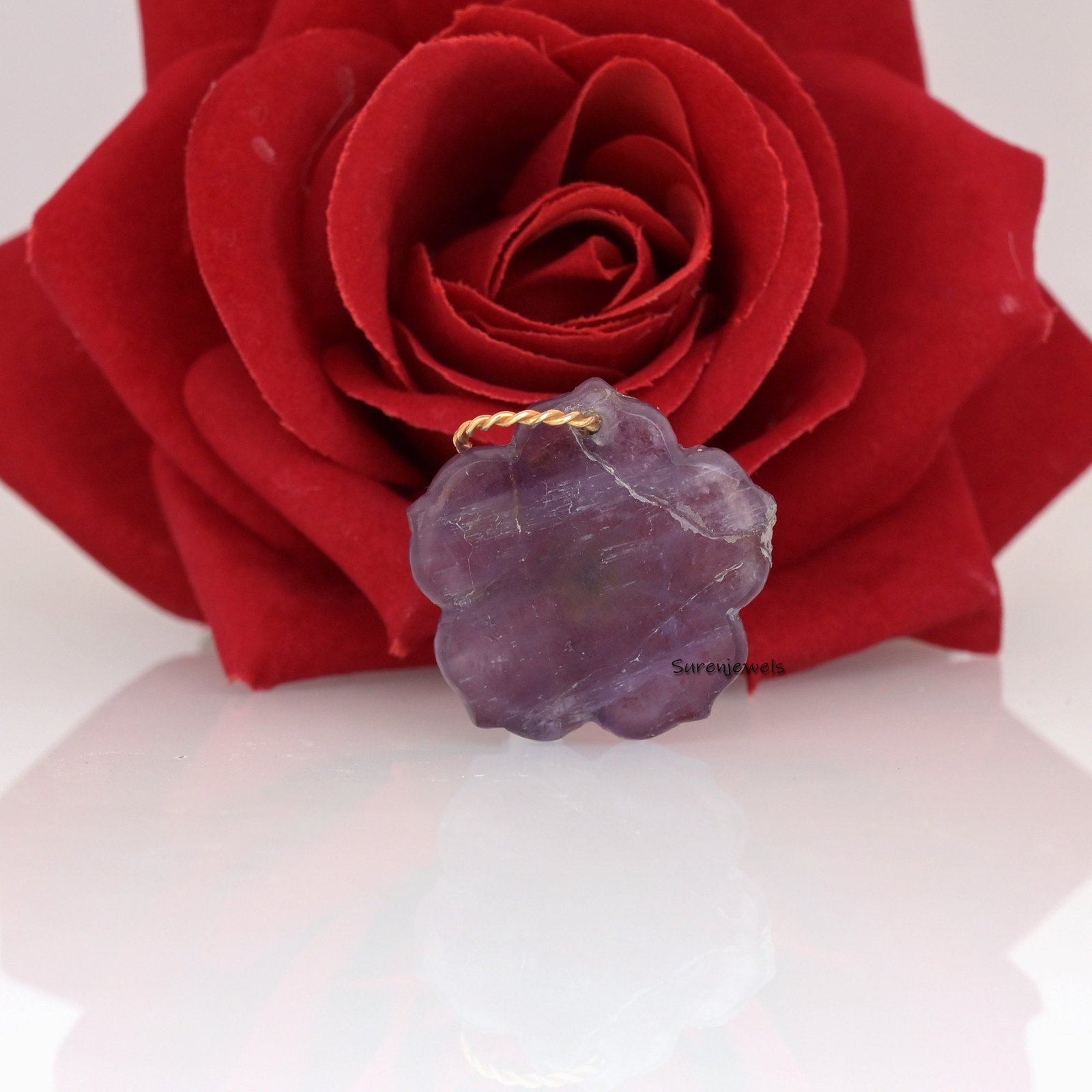 14K Gold Carved Flower Pendant: Pink Opal & Green CZ Charm - View 7 - Suren Jewels | SKU: SJP1643 14K Gold Carved Flower Pendant: Pink Opal & Green CZ Charm - View 7 - Suren Jewels | SKU: SJP1643
