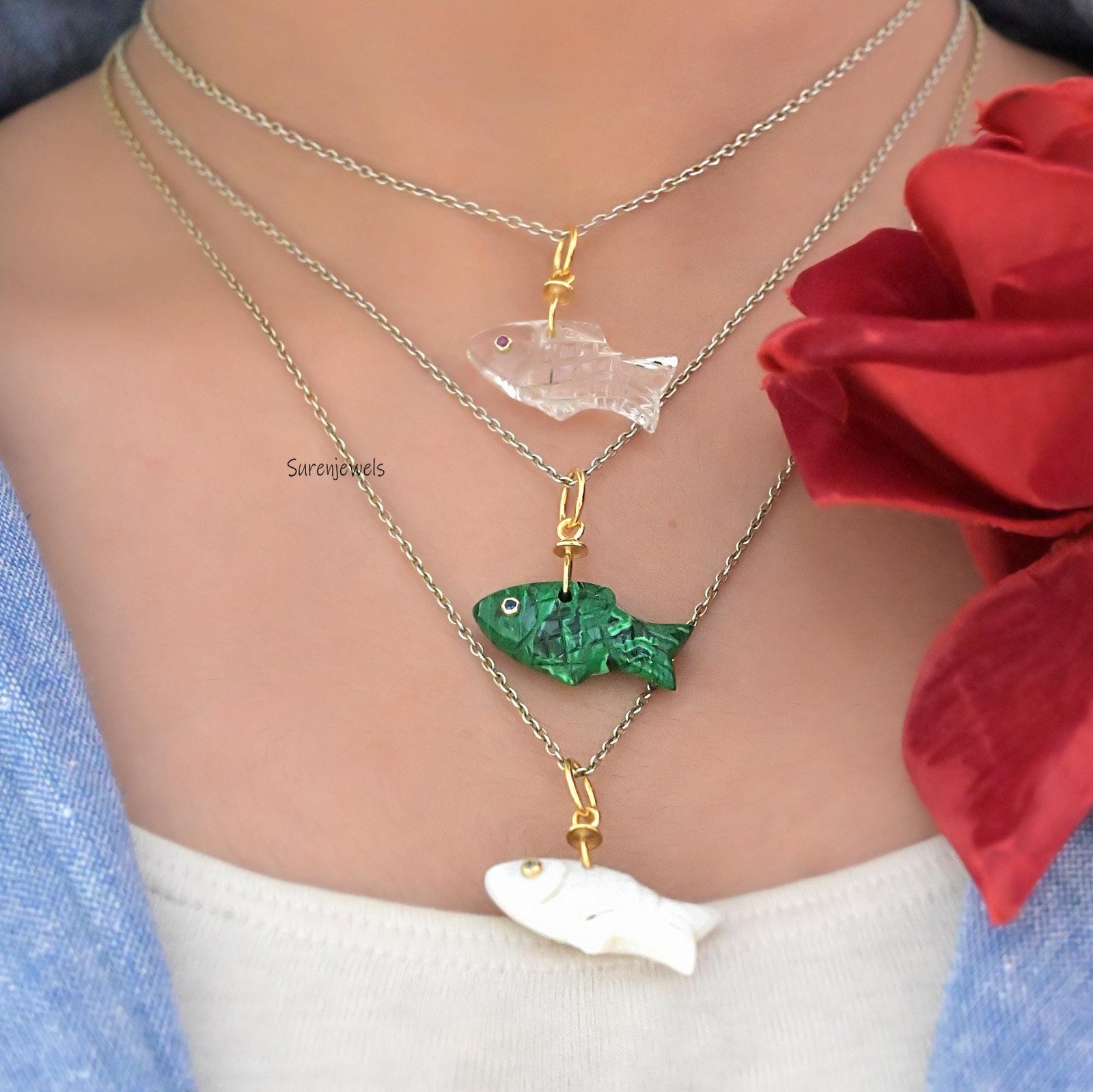 14K Gold Carved Gemstone Fish Pendant: Lucky Charm - Suren Jewels | SKU: SJP4590 14K Gold Carved Gemstone Fish Pendant: Lucky Charm - Suren Jewels | SKU: SJP4590