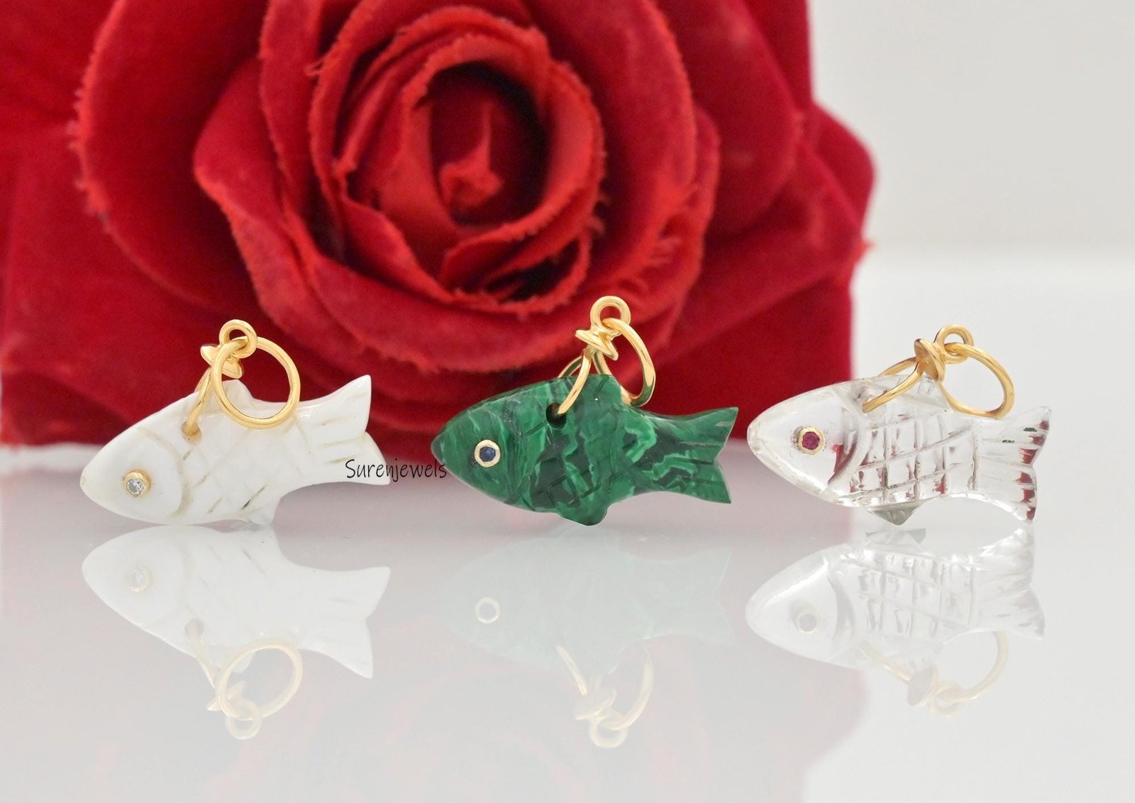 14K Gold Carved Gemstone Fish Pendant: Lucky Charm - View 2 - Suren Jewels | SKU: SJP4590 14K Gold Carved Gemstone Fish Pendant: Lucky Charm - View 2 - Suren Jewels | SKU: SJP4590