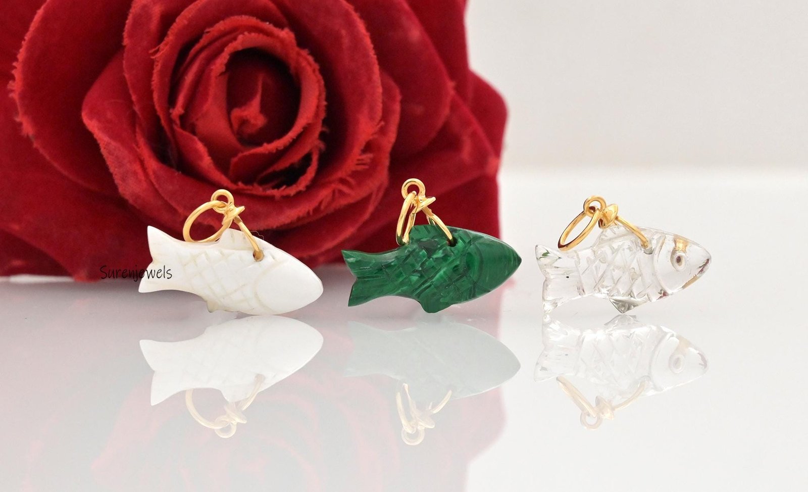 14K Gold Carved Gemstone Fish Pendant: Lucky Charm - View 3 - Suren Jewels | SKU: SJP4590 14K Gold Carved Gemstone Fish Pendant: Lucky Charm - View 3 - Suren Jewels | SKU: SJP4590