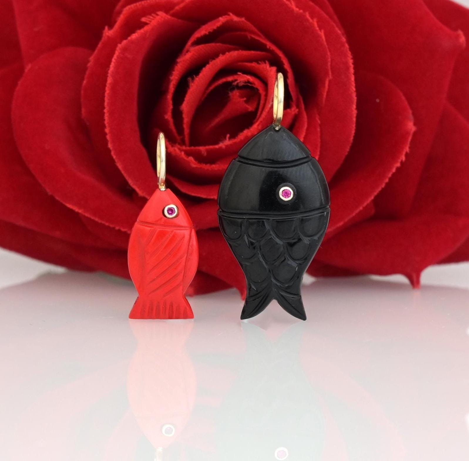 14k Gold Carved Gemstone Fish Pendant: Lucky Charm with Pink CZ Eyes - Suren Jewels | SKU: SJP3411-SLYGBORUCZ-35M,SJP3396-SLY 14k Gold Carved Gemstone Fish Pendant: Lucky Charm with Pink CZ Eyes - Suren Jewels | SKU: SJP3411-SLYGBORUCZ-35M,SJP3396-SLY