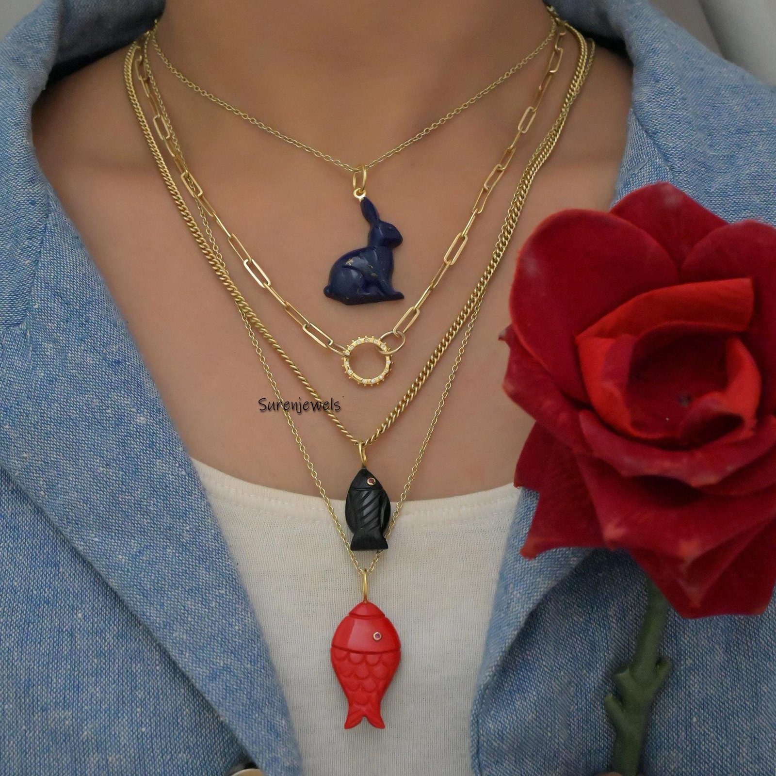14k Gold Carved Gemstone Fish Pendant: Lucky Charm with Pink CZ Eyes - View 3 - Suren Jewels | SKU: SJP3411-SLYGBORUCZ-35M,SJ 14k Gold Carved Gemstone Fish Pendant: Lucky Charm with Pink CZ Eyes - View 3 - Suren Jewels | SKU: SJP3411-SLYGBORUCZ-35M,SJ