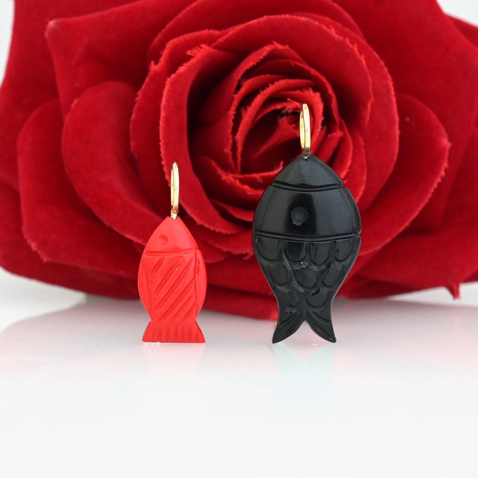 14k Gold Carved Gemstone Fish Pendant: Lucky Charm with Pink CZ Eyes - View 6 - Suren Jewels | SKU: SJP3411-SLYGBORUCZ-35M,SJ 14k Gold Carved Gemstone Fish Pendant: Lucky Charm with Pink CZ Eyes - View 6 - Suren Jewels | SKU: SJP3411-SLYGBORUCZ-35M,SJ