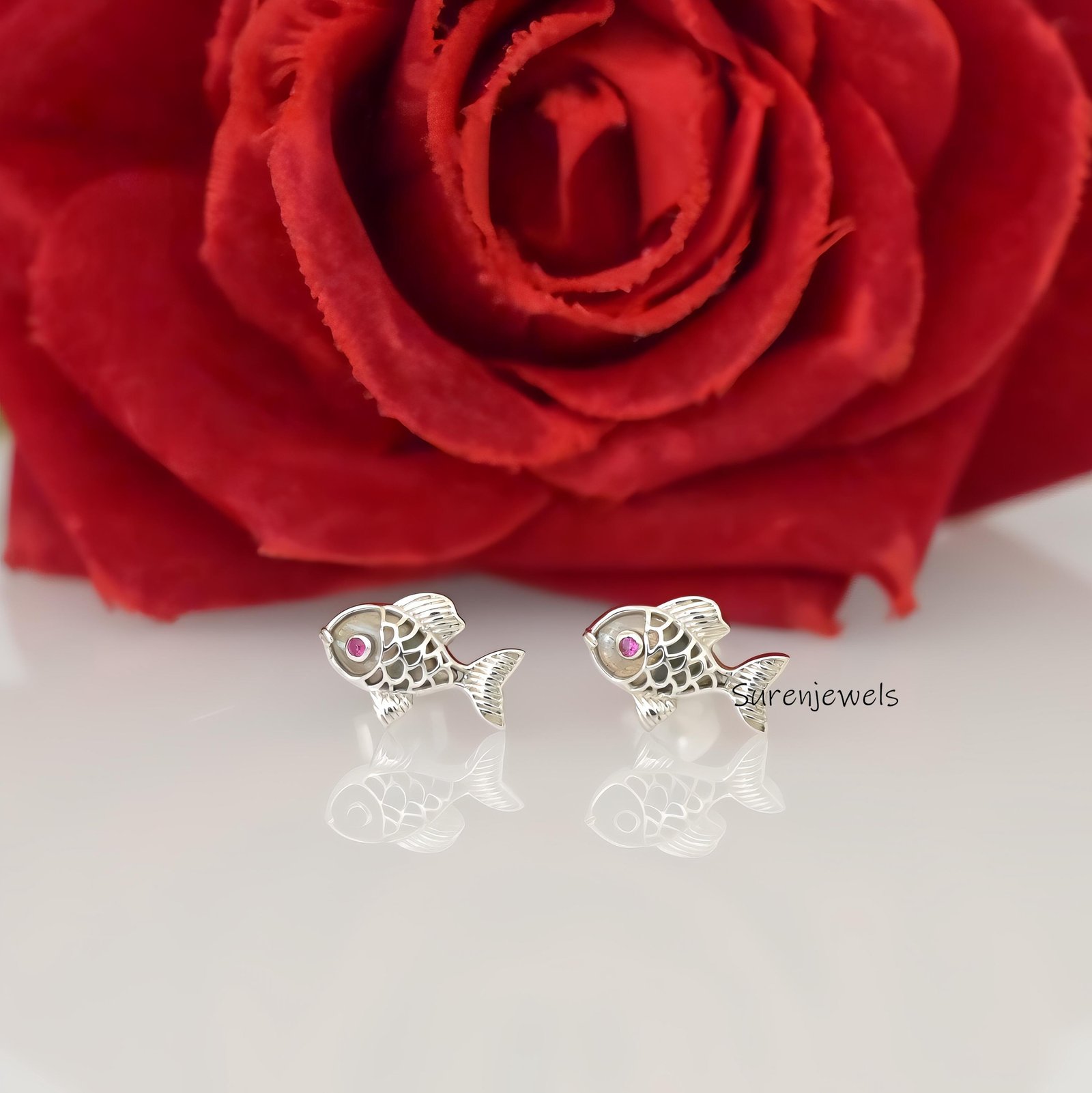 14k Gold Carved Gemstone Fish Stud Earrings: Animal Jewelry - View 4 - Suren Jewels | SKU: SJE2546-SLYGMSBKCZ-10M,SJE1811-SLY 14k Gold Carved Gemstone Fish Stud Earrings: Animal Jewelry - View 4 - Suren Jewels | SKU: SJE2546-SLYGMSBKCZ-10M,SJE1811-SLY