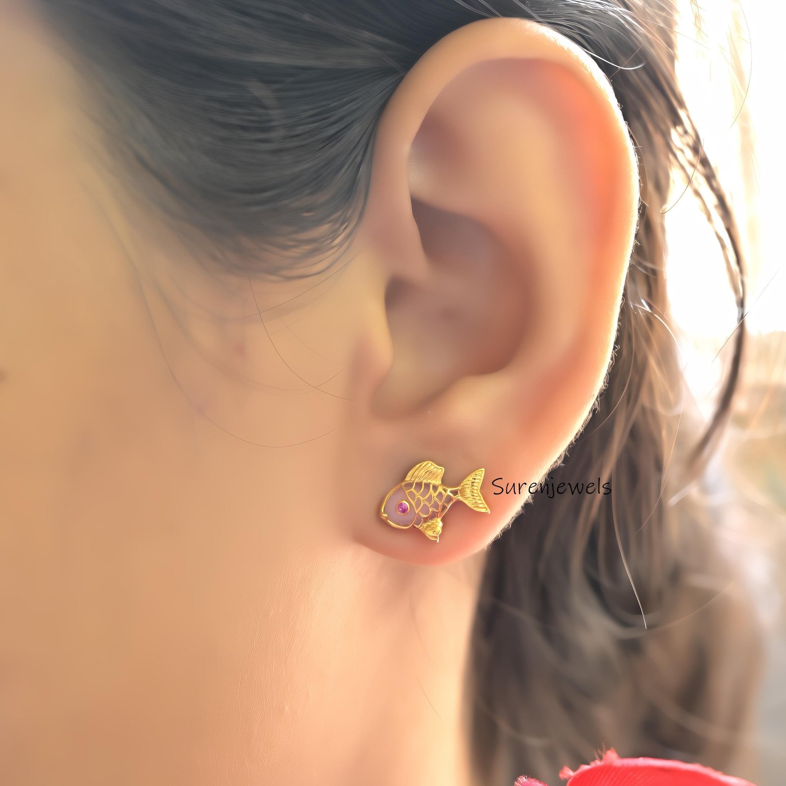 14k Gold Carved Gemstone Fish Stud Earrings: Animal Jewelry - View 5 - Suren Jewels | SKU: SJE2546-SLYGMSBKCZ-10M,SJE1811-SLY 14k Gold Carved Gemstone Fish Stud Earrings: Animal Jewelry - View 5 - Suren Jewels | SKU: SJE2546-SLYGMSBKCZ-10M,SJE1811-SLY