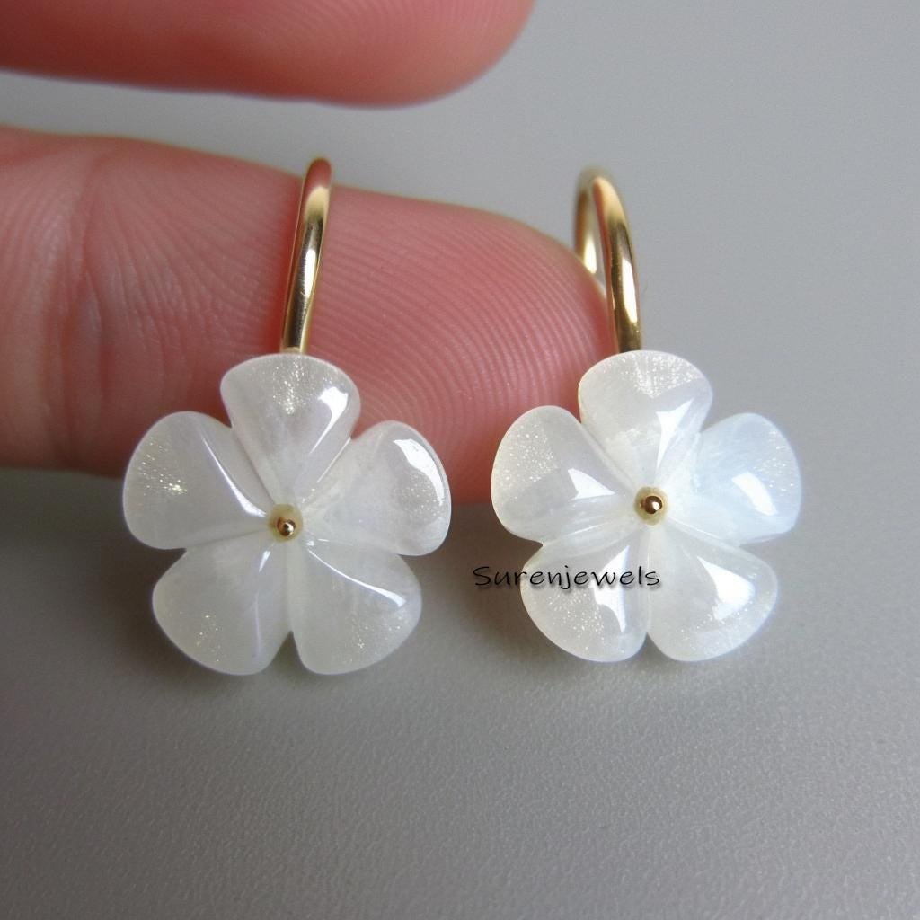 14k Gold Carved Gemstone Flower Dangle Earrings (20mm) - View 2 - Suren Jewels | SKU: SJE1666-SLYGMS-25M 14k Gold Carved Gemstone Flower Dangle Earrings (20mm) - View 2 - Suren Jewels | SKU: SJE1666-SLYGMS-25M