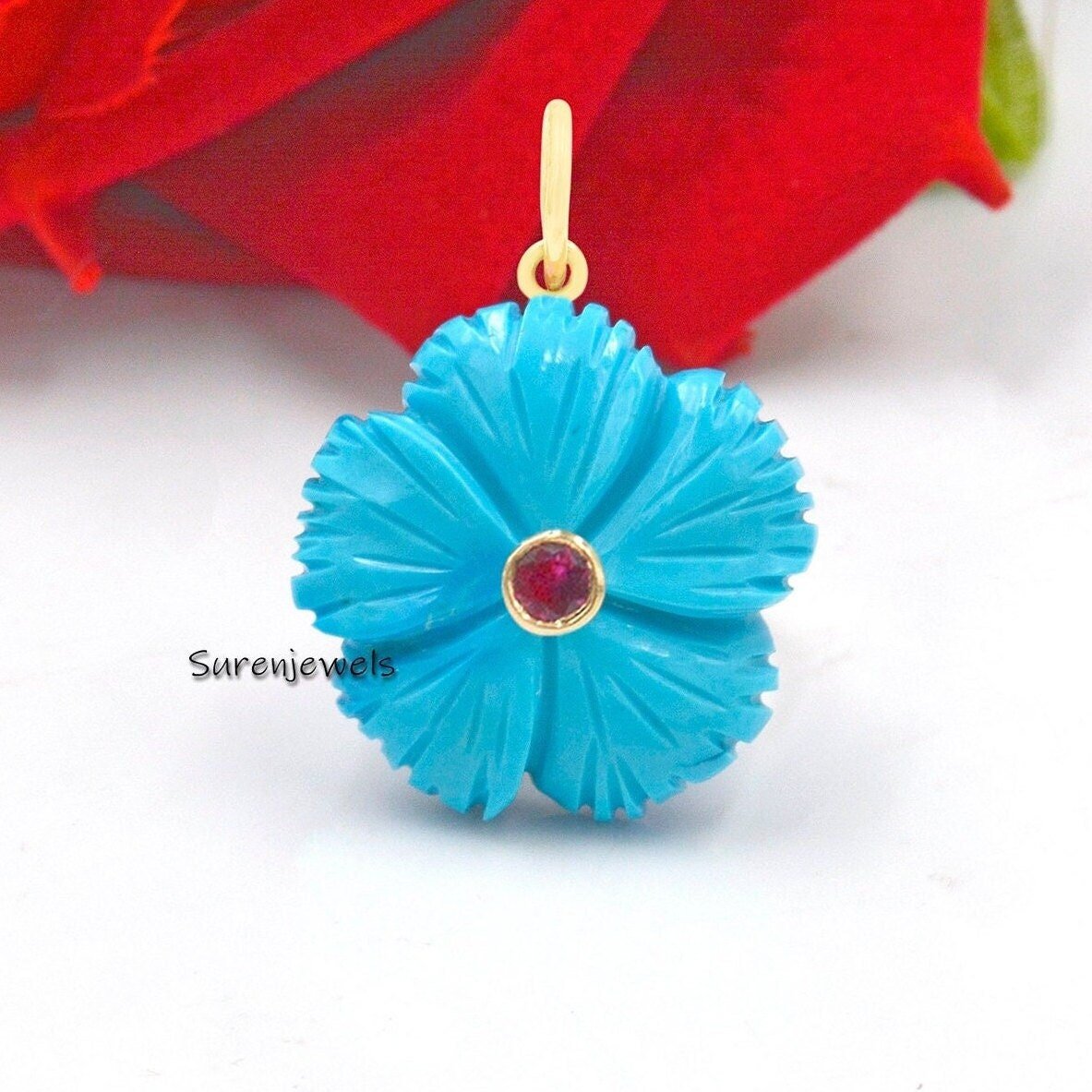 14K Gold Carved Gemstone Flower Pendant with Ruby CZ - Suren Jewels | SKU: SJP1921-SLYGTQCZRU 14K Gold Carved Gemstone Flower Pendant with Ruby CZ - Suren Jewels | SKU: SJP1921-SLYGTQCZRU
