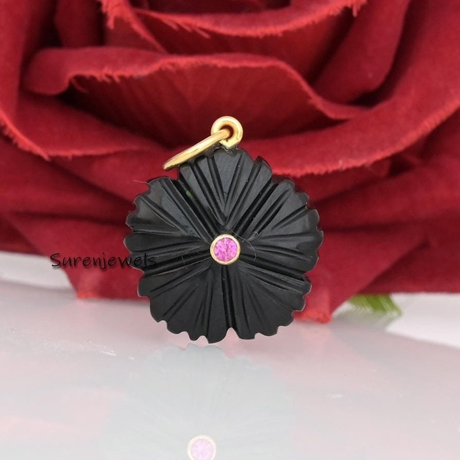 14K Gold Carved Gemstone Flower Pendant with Ruby CZ - View 2 - Suren Jewels | SKU: SJP1921-SLYGTQCZRU 14K Gold Carved Gemstone Flower Pendant with Ruby CZ - View 2 - Suren Jewels | SKU: SJP1921-SLYGTQCZRU