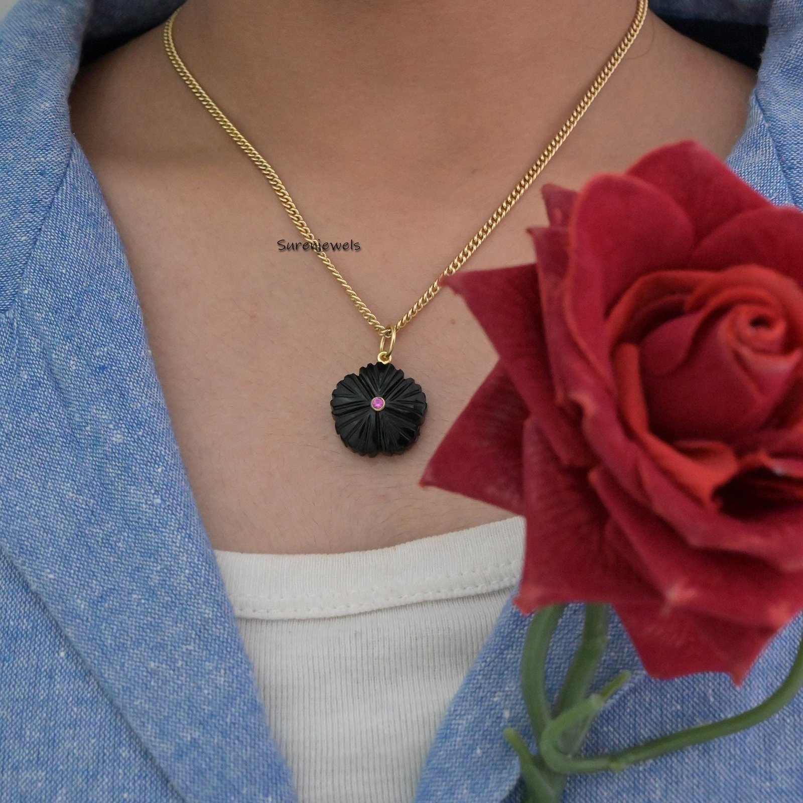 14K Gold Carved Gemstone Flower Pendant with Ruby CZ - View 3 - Suren Jewels | SKU: SJP1921-SLYGTQCZRU 14K Gold Carved Gemstone Flower Pendant with Ruby CZ - View 3 - Suren Jewels | SKU: SJP1921-SLYGTQCZRU