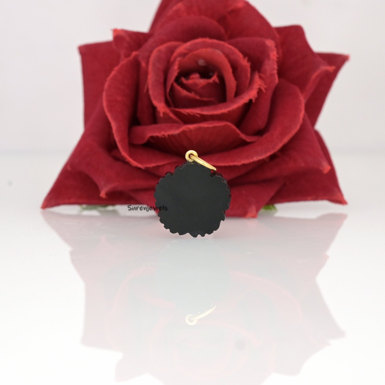 14K Gold Carved Gemstone Flower Pendant with Ruby CZ - View 4 - Suren Jewels | SKU: SJP1921-SLYGTQCZRU 14K Gold Carved Gemstone Flower Pendant with Ruby CZ - View 4 - Suren Jewels | SKU: SJP1921-SLYGTQCZRU