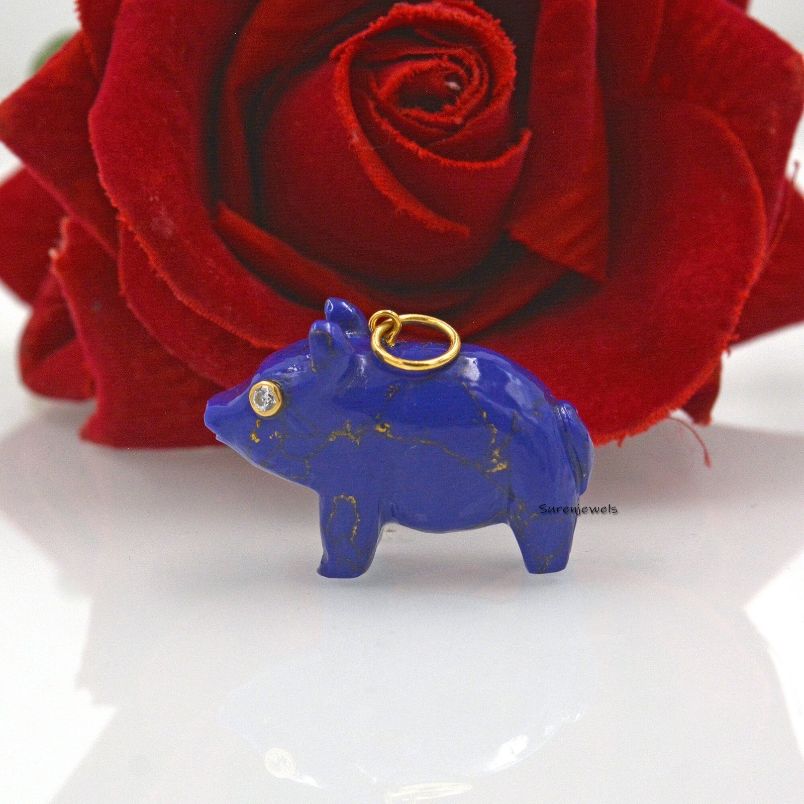 14K Gold Carved Gemstone Pig Pendant, Opal Piggy Charm - View 3 - Suren Jewels | SKU: SJP1164-SLYGRQ 14K Gold Carved Gemstone Pig Pendant, Opal Piggy Charm - View 3 - Suren Jewels | SKU: SJP1164-SLYGRQ