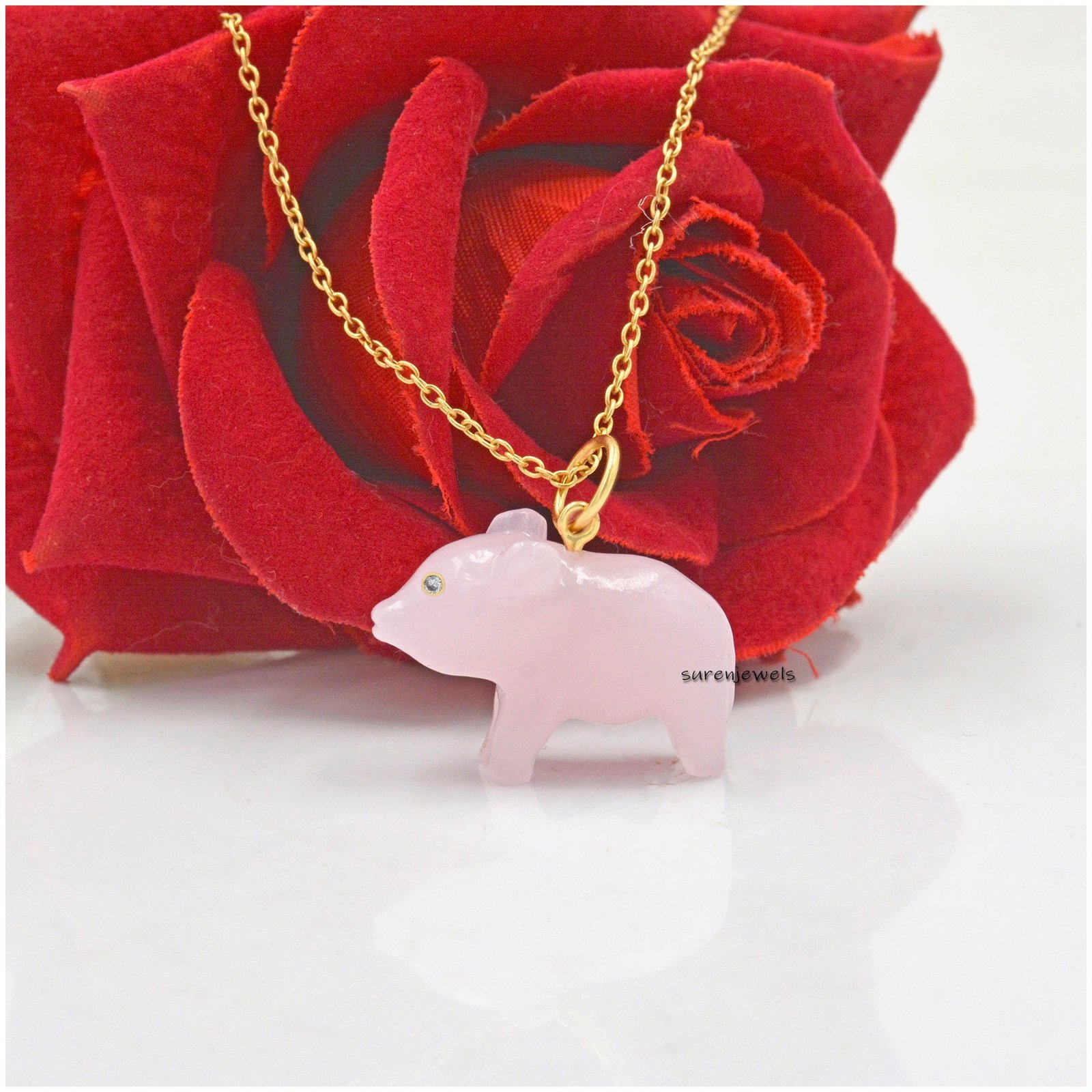 14K Gold Carved Gemstone Pig Pendant, Opal Piggy Charm - View 5 - Suren Jewels | SKU: SJP1164-SLYGRQ 14K Gold Carved Gemstone Pig Pendant, Opal Piggy Charm - View 5 - Suren Jewels | SKU: SJP1164-SLYGRQ