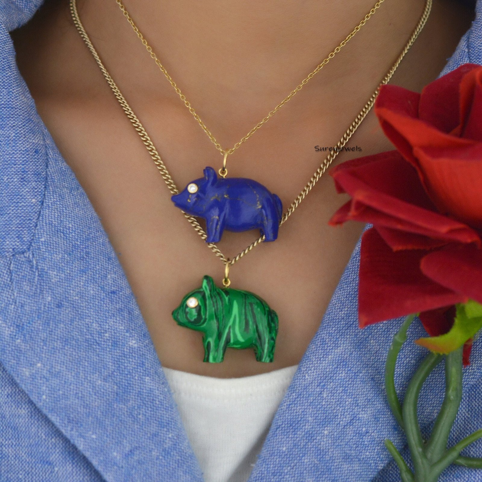 14K Gold Carved Gemstone Pig Pendant, Opal Piggy Charm - View 6 - Suren Jewels | SKU: SJP1164-SLYGRQ 14K Gold Carved Gemstone Pig Pendant, Opal Piggy Charm - View 6 - Suren Jewels | SKU: SJP1164-SLYGRQ
