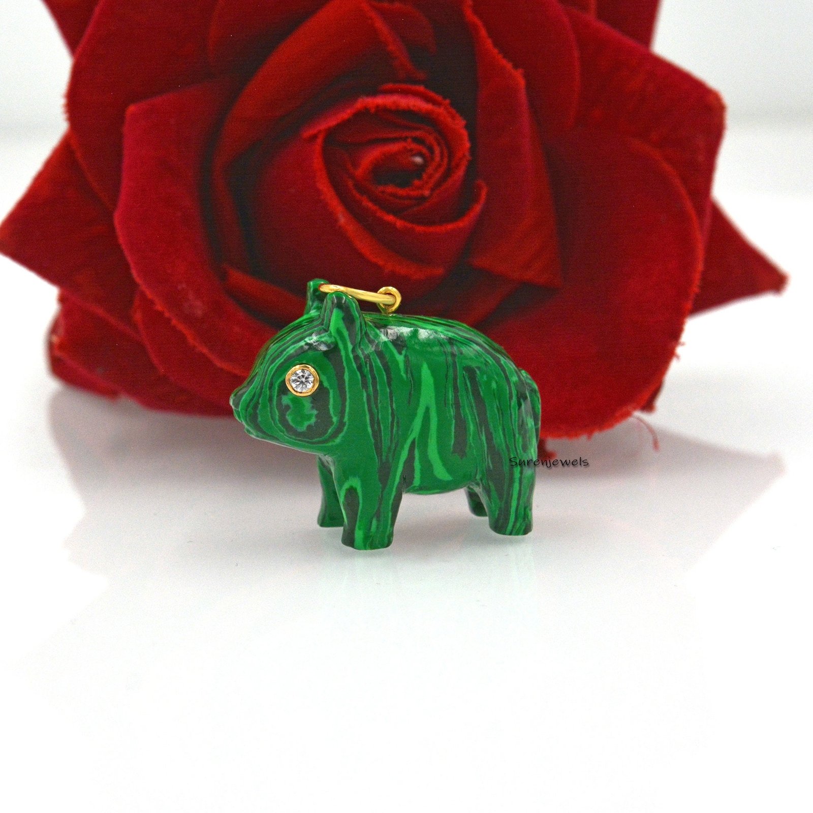14K Gold Carved Gemstone Pig Pendant, Opal Piggy Charm - View 7 - Suren Jewels | SKU: SJP1164-SLYGRQ 14K Gold Carved Gemstone Pig Pendant, Opal Piggy Charm - View 7 - Suren Jewels | SKU: SJP1164-SLYGRQ